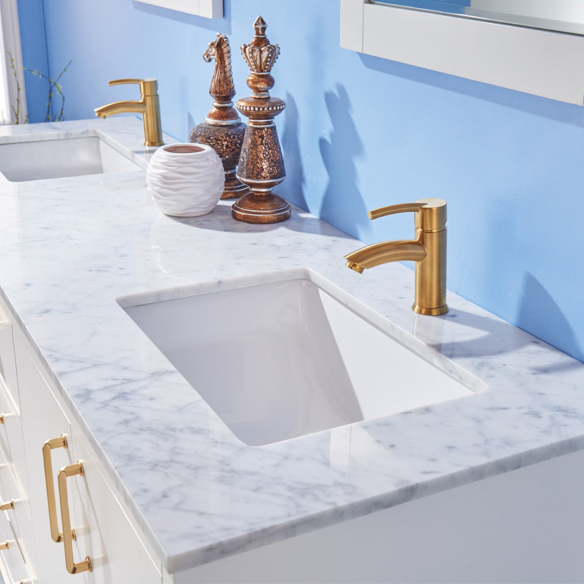 Sutton 72" Double Bathroom Vanity Set in White and Carrara White Marble Countertop with Mirror