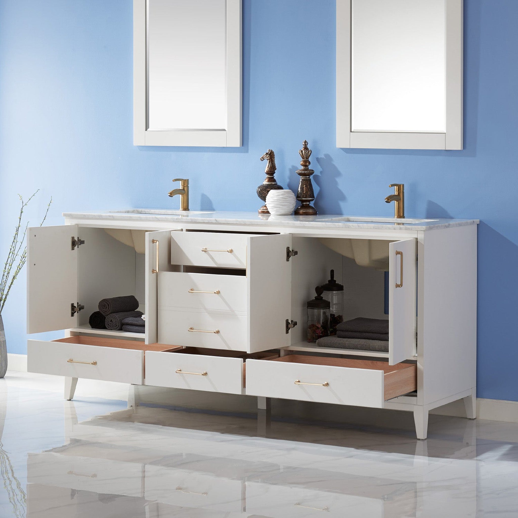 Sutton 72" Double Bathroom Vanity Set in White and Carrara White Marble Countertop with Mirror