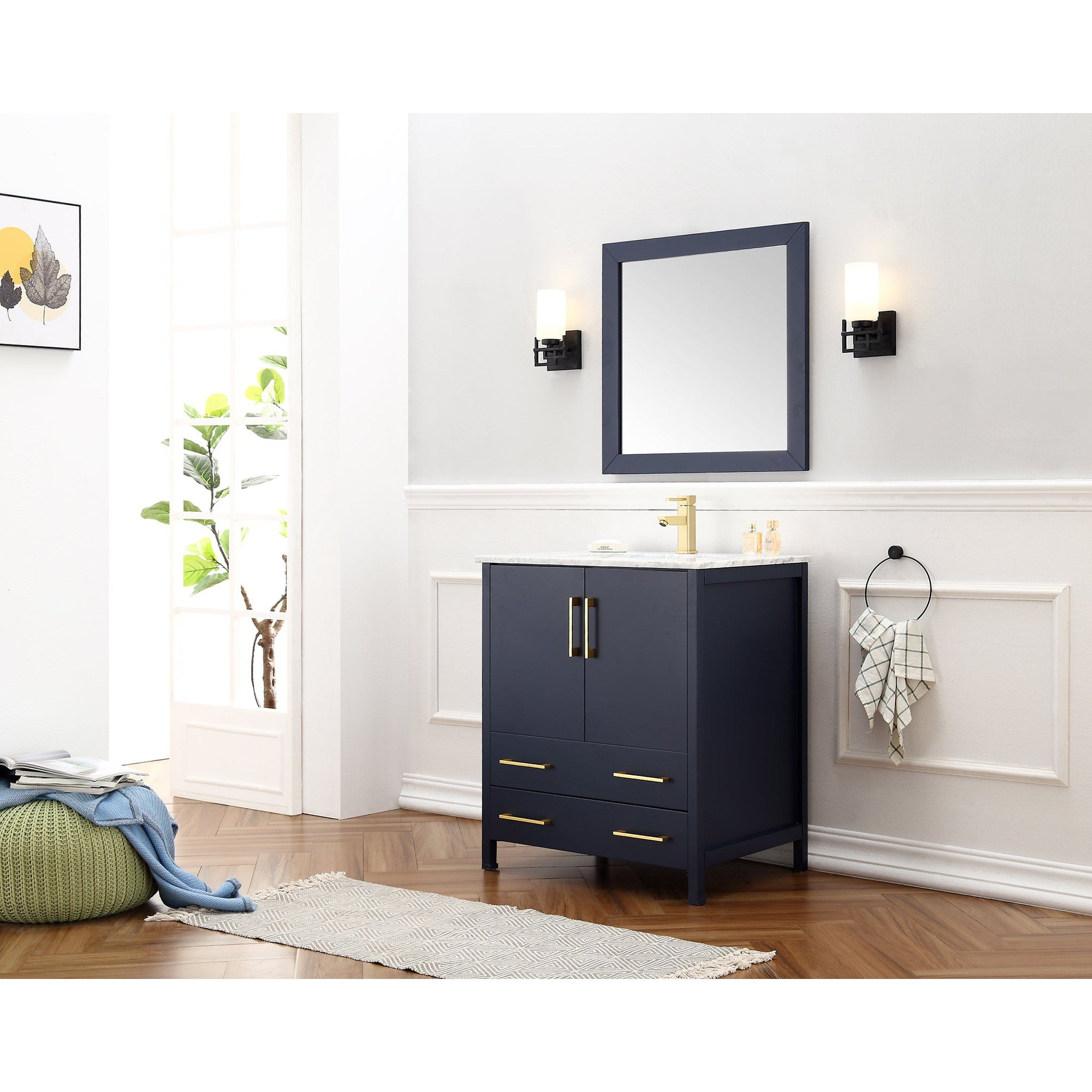 30" Blue Solid Wood Sink Vanity With Mirror