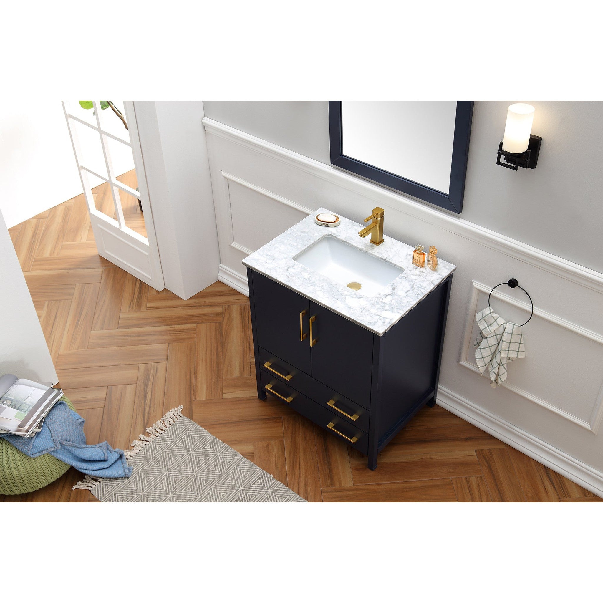 30" Blue Solid Wood Sink Vanity With Mirror