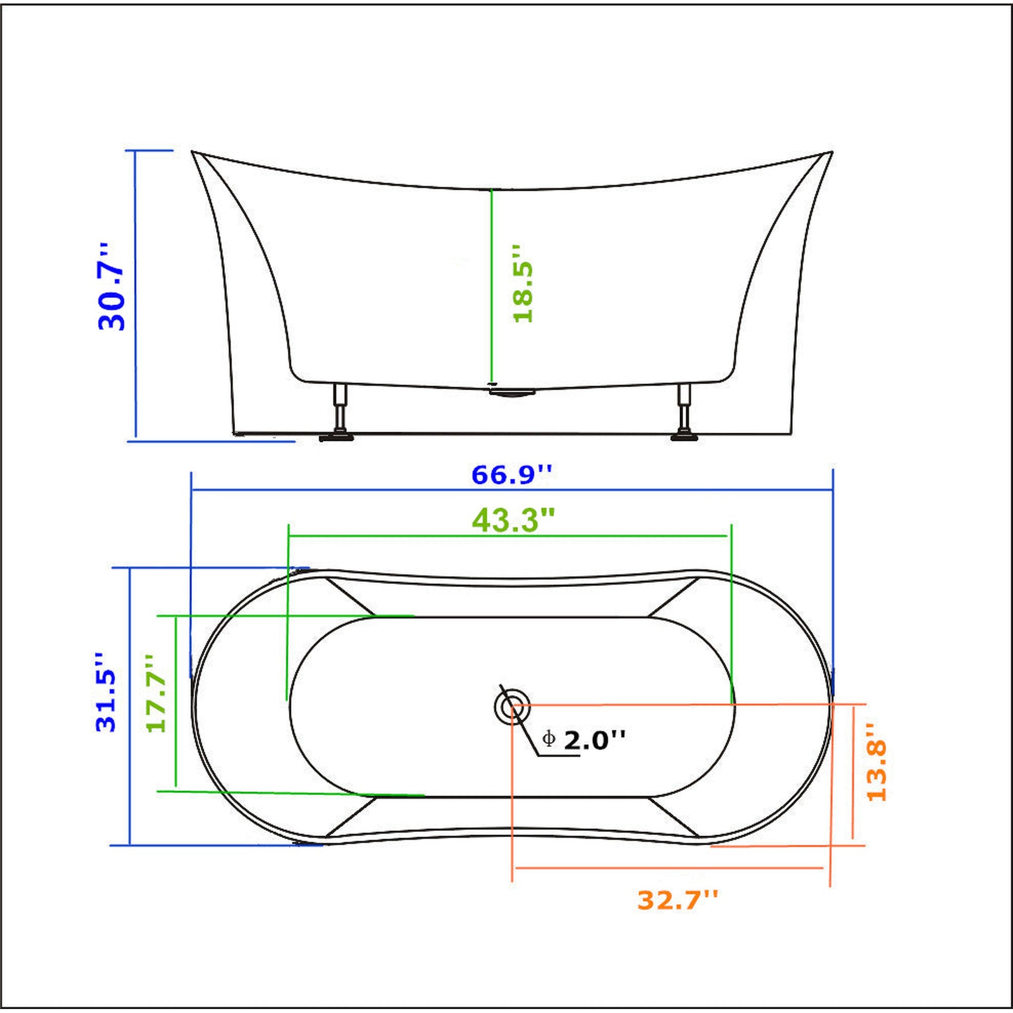 Legion Furniture 67" White Acrylic Tub - No Faucet