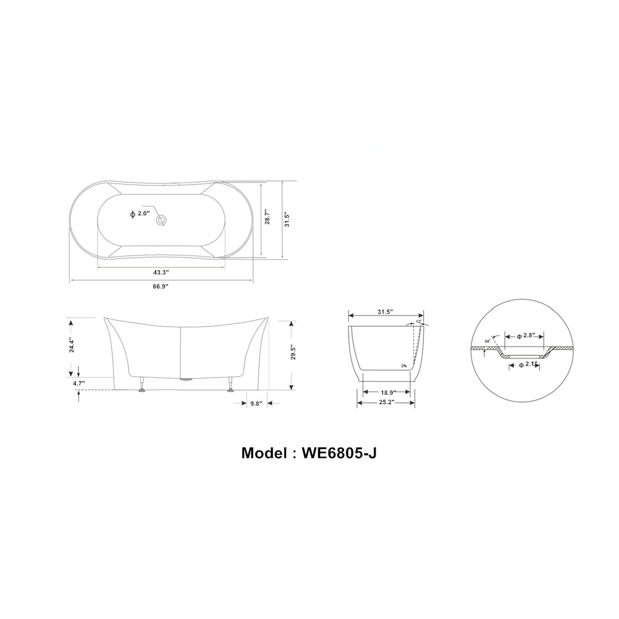 Legion Furniture 67" White Acrylic Tub - No Faucet