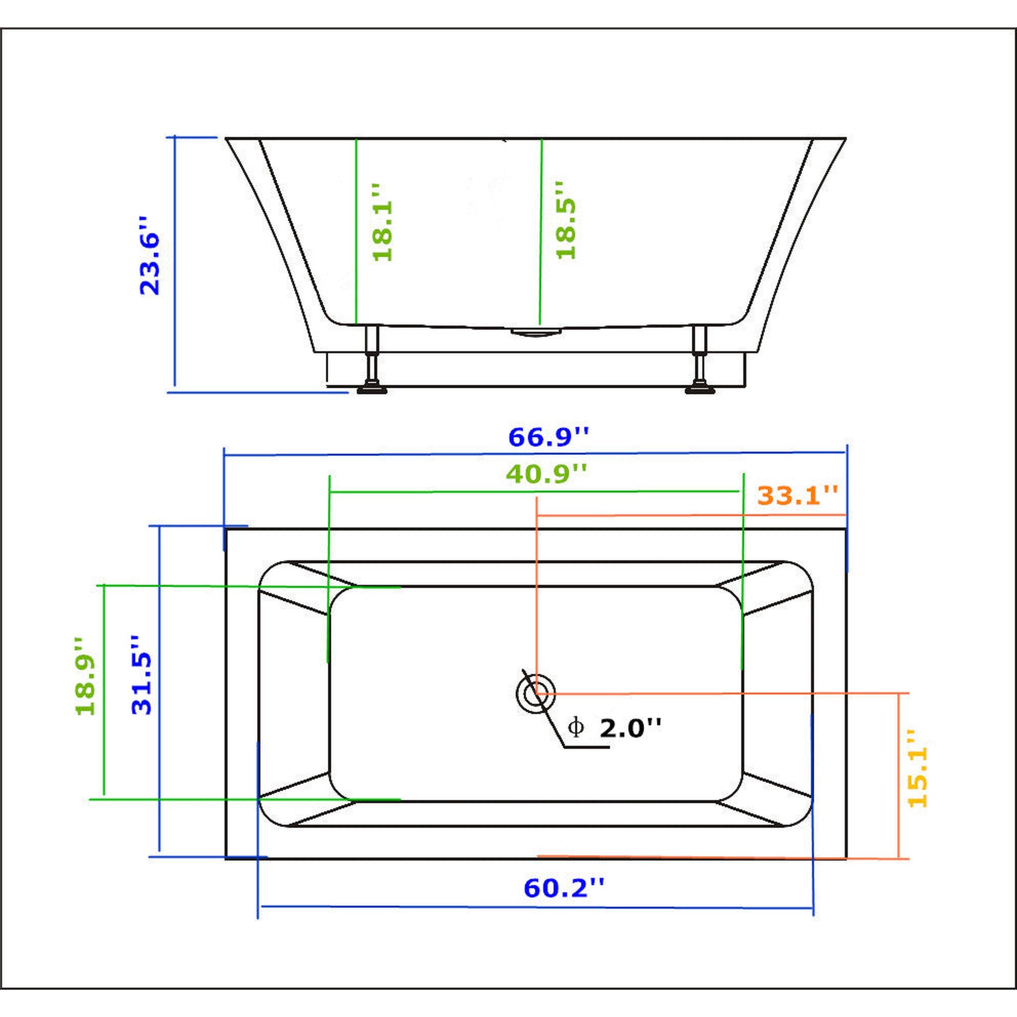 Legion Furniture 67" White Acrylic Tub - No Faucet