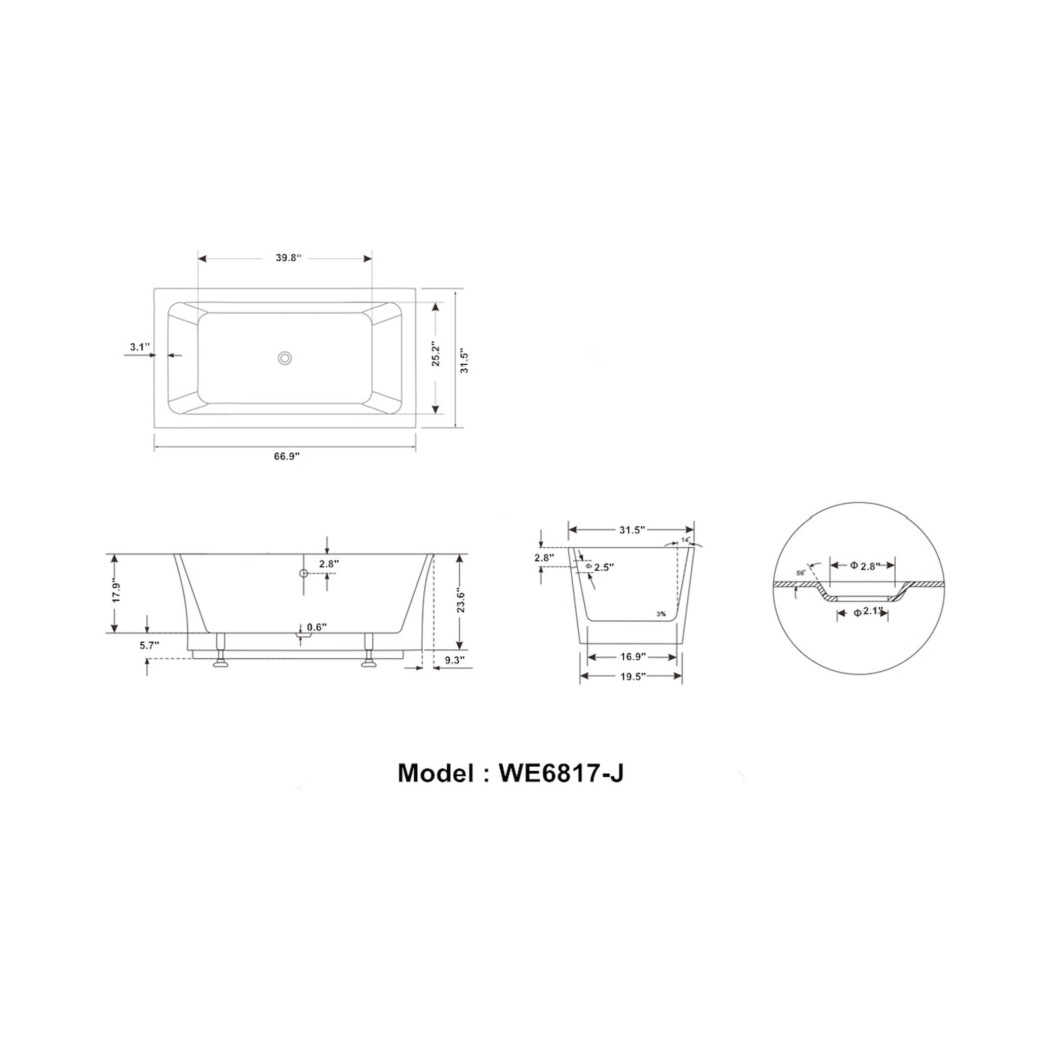 Legion Furniture 67" White Acrylic Tub - No Faucet