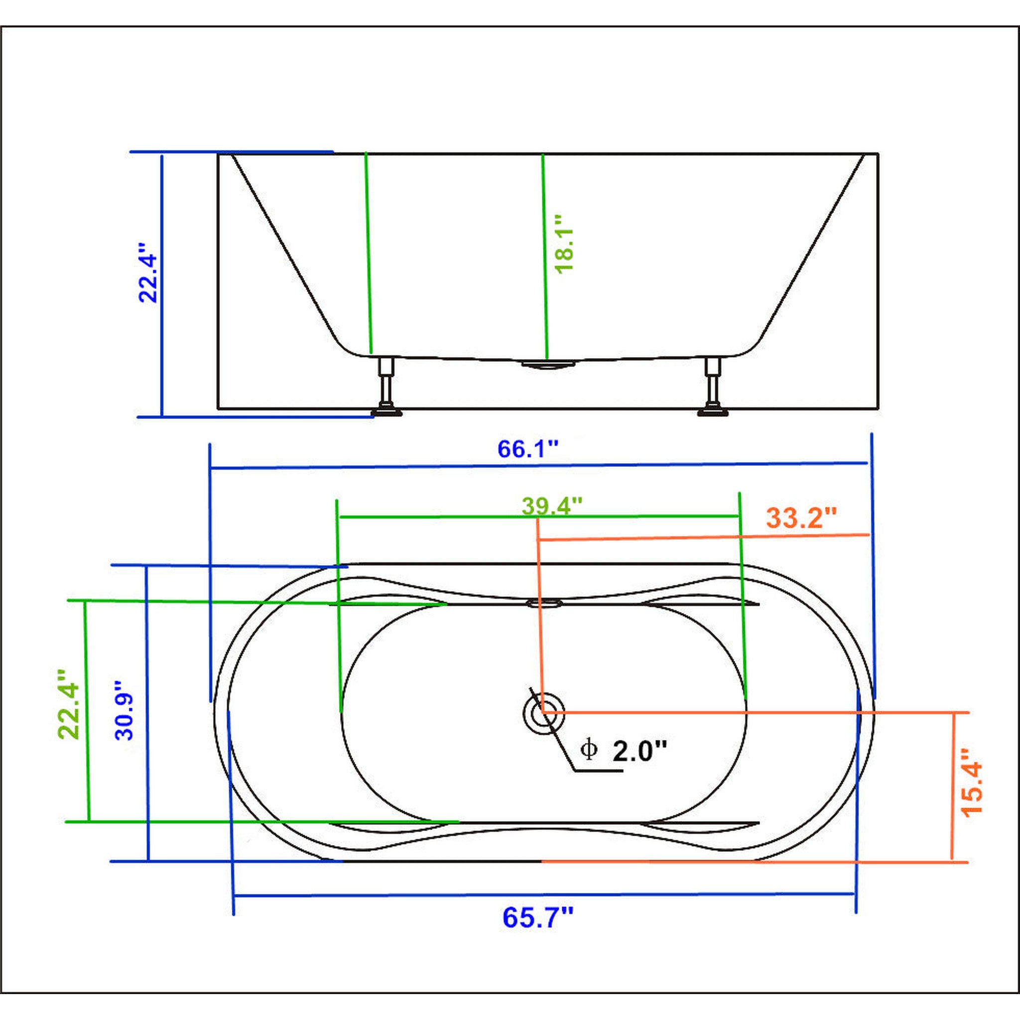 Legion Furniture 66" White Acrylic Tub - No Faucet