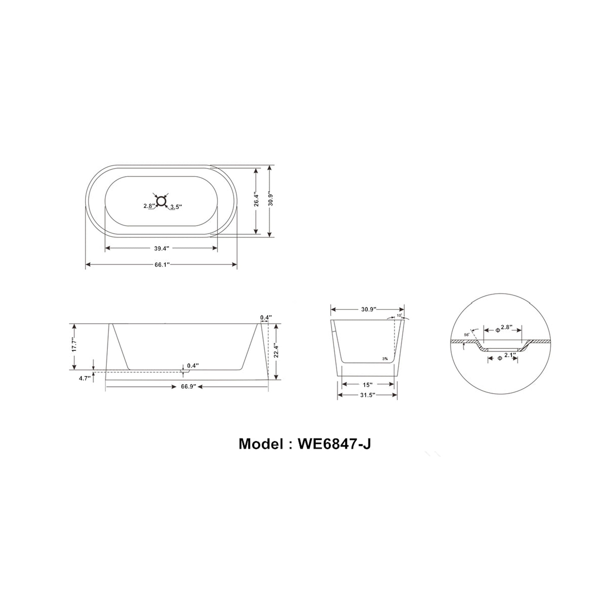 Legion Furniture 66" White Acrylic Tub - No Faucet