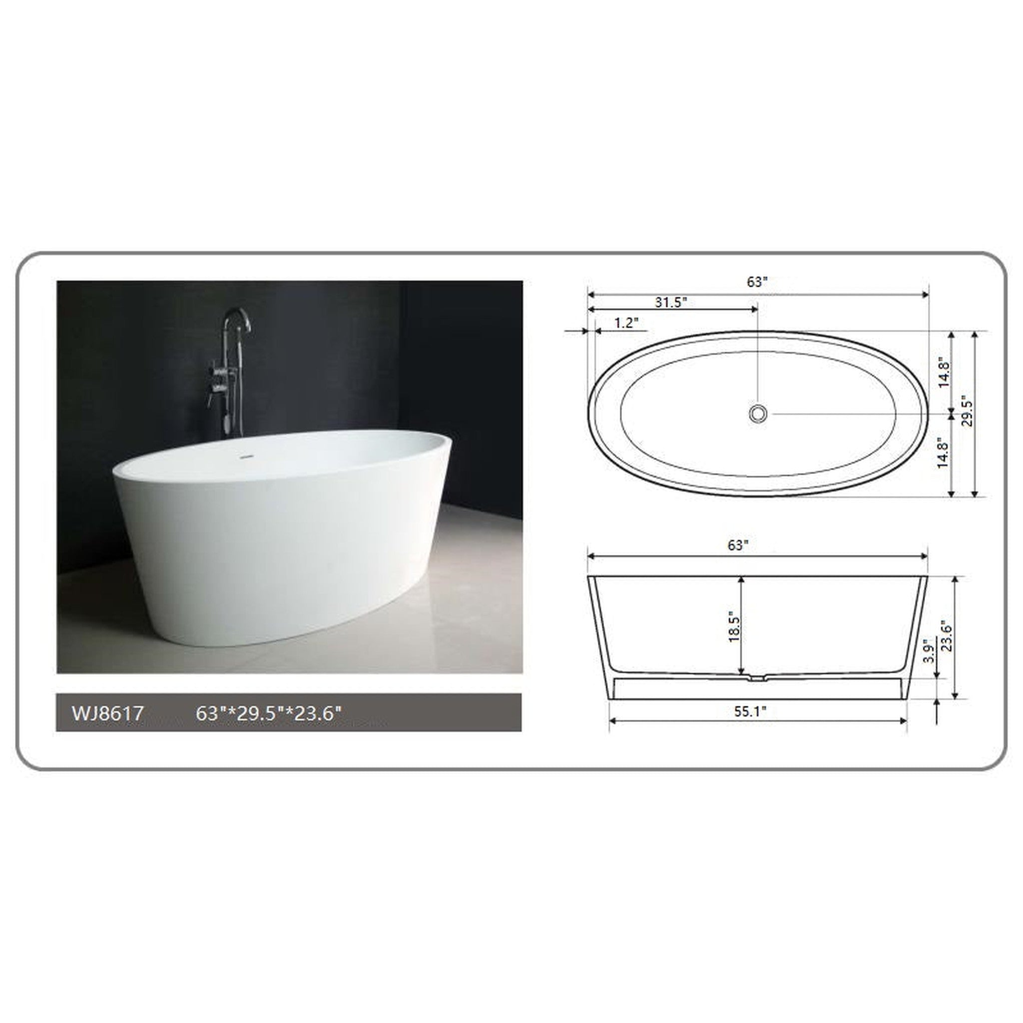 Legion Furniture 63" Matte White Solid Surface Bath Tub