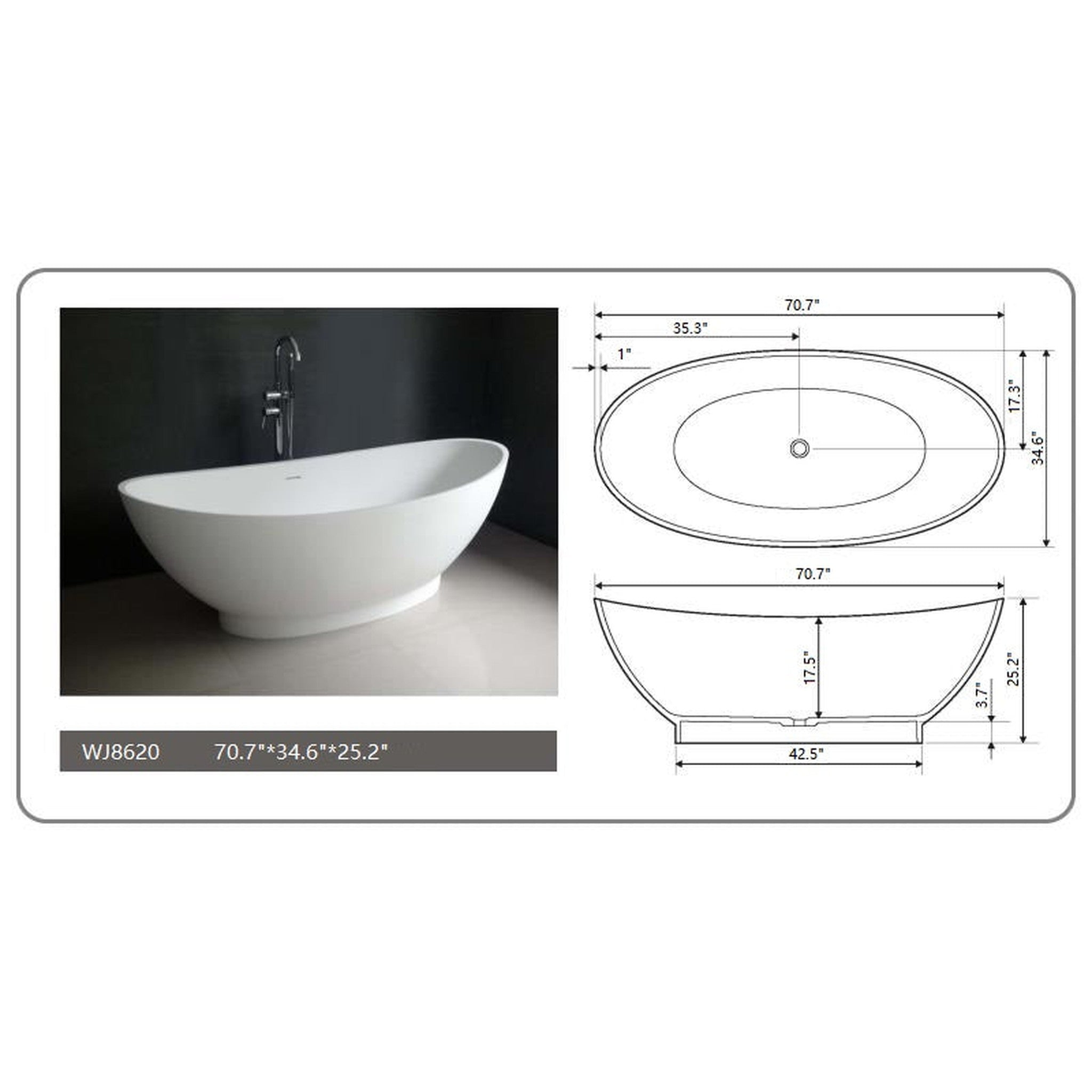 Legion Furniture 70.7" White Matt Solid Surface Tub - No Faucet