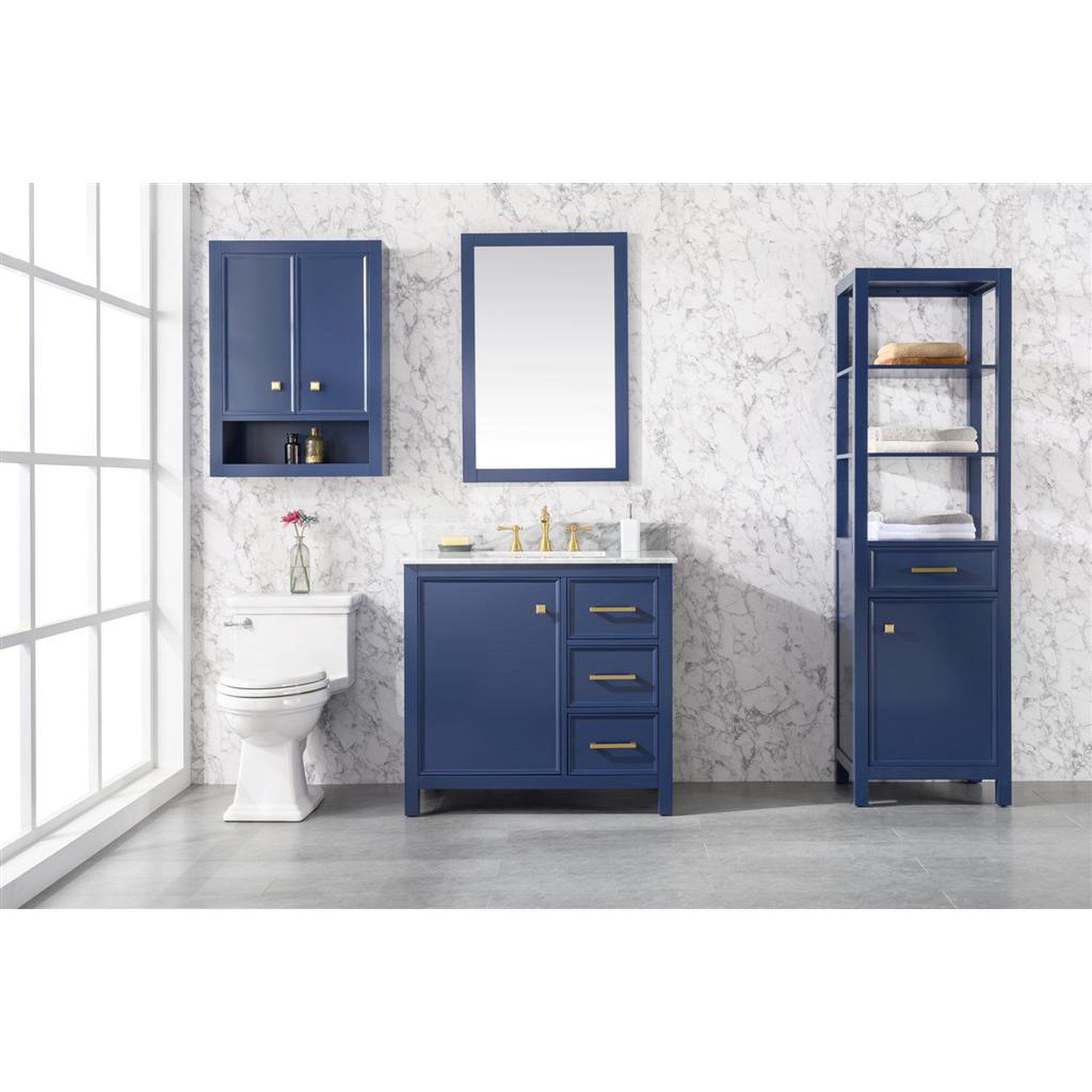 Legion Furniture WLF2136-B 36 Inch Blue Finish Sink Vanity Cabinet with Carrara White Top