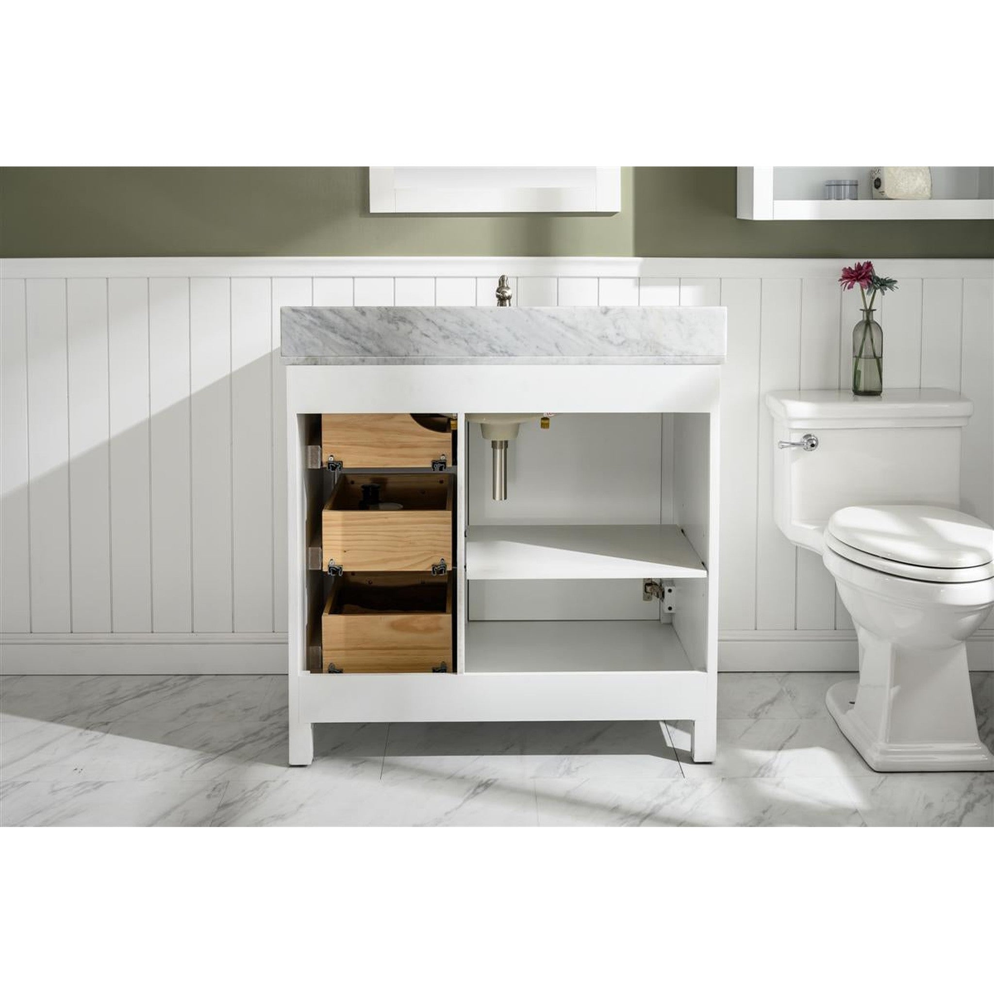 Legion Furniture WLF2136-W 36 Inch White Finish Sink Vanity Cabinet with Carrara White Top