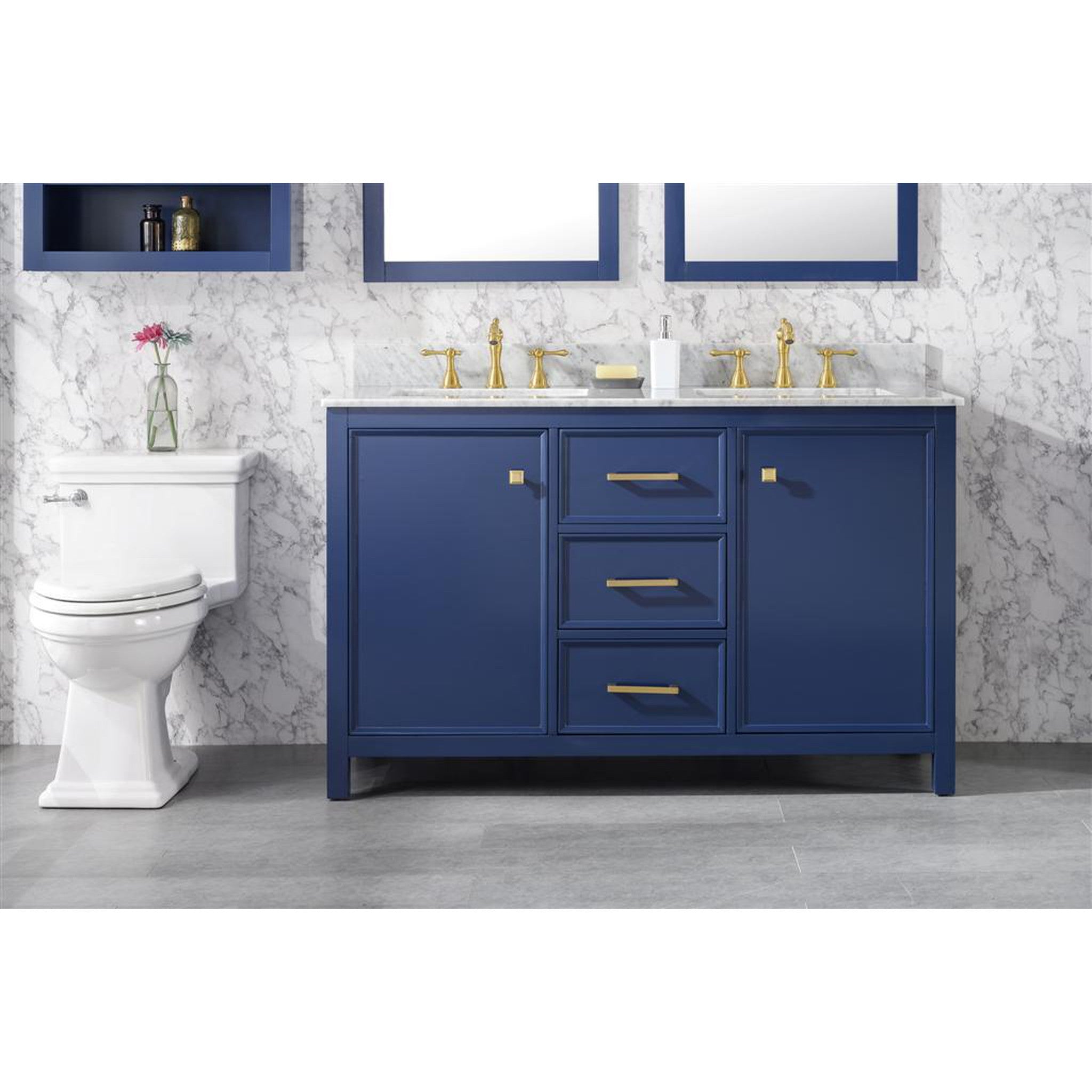 Legion Furniture 54" Blue Finish Double Sink Vanity Cabinet With Carrara White Top