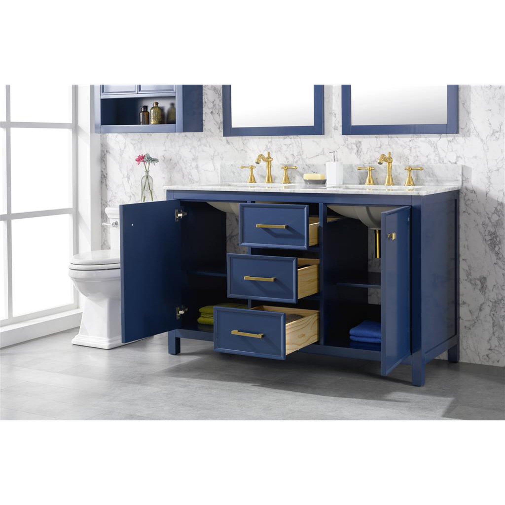 Legion Furniture 54" Blue Finish Double Sink Vanity Cabinet With Carrara White Top