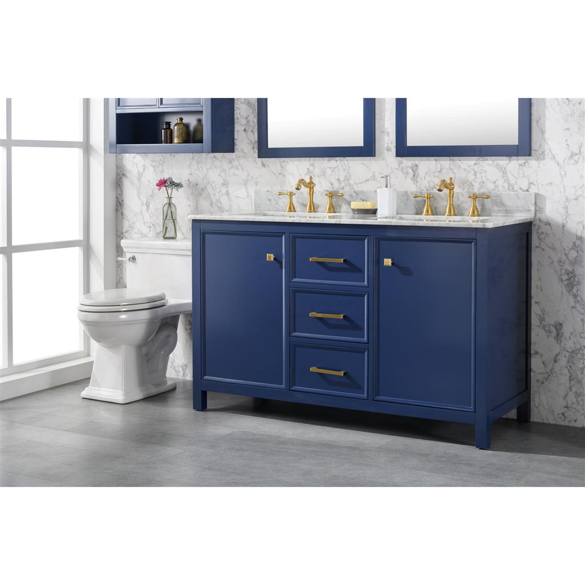 Legion Furniture 54" Blue Finish Double Sink Vanity Cabinet With Carrara White Top