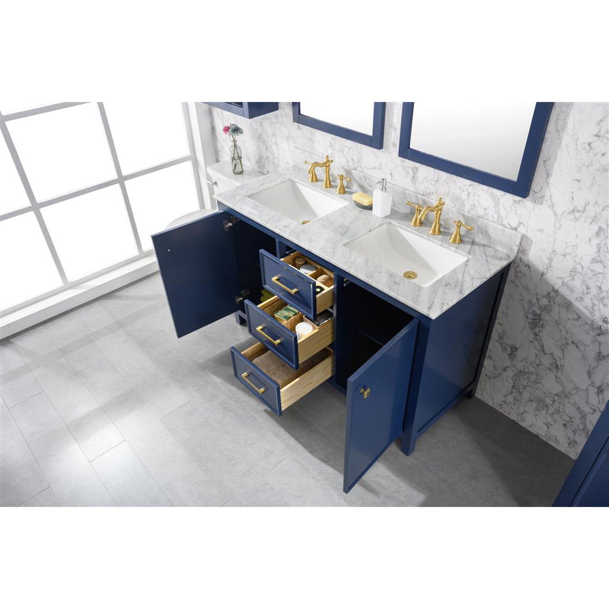 Legion Furniture 54" Blue Finish Double Sink Vanity Cabinet With Carrara White Top