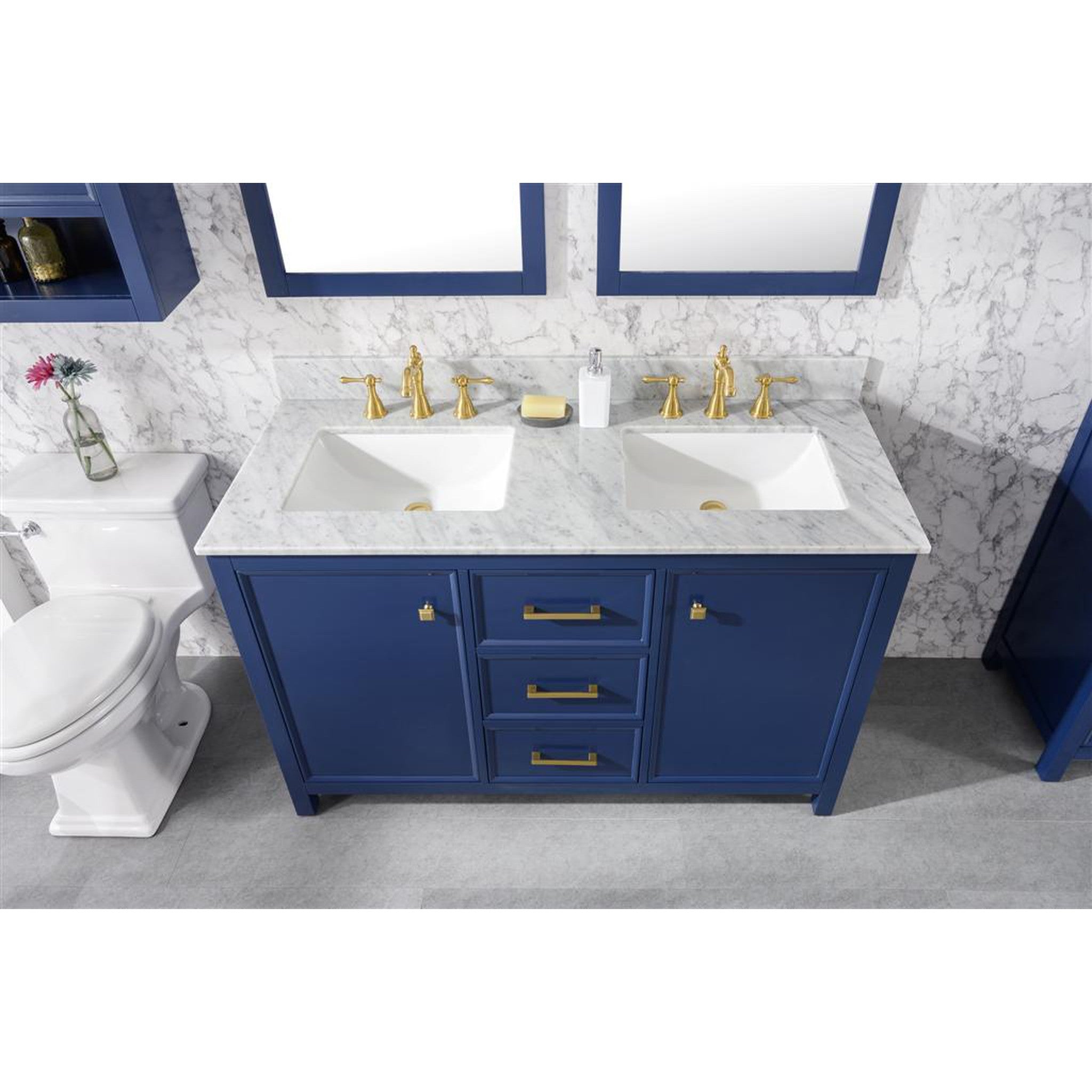 Legion Furniture 54" Blue Finish Double Sink Vanity Cabinet With Carrara White Top