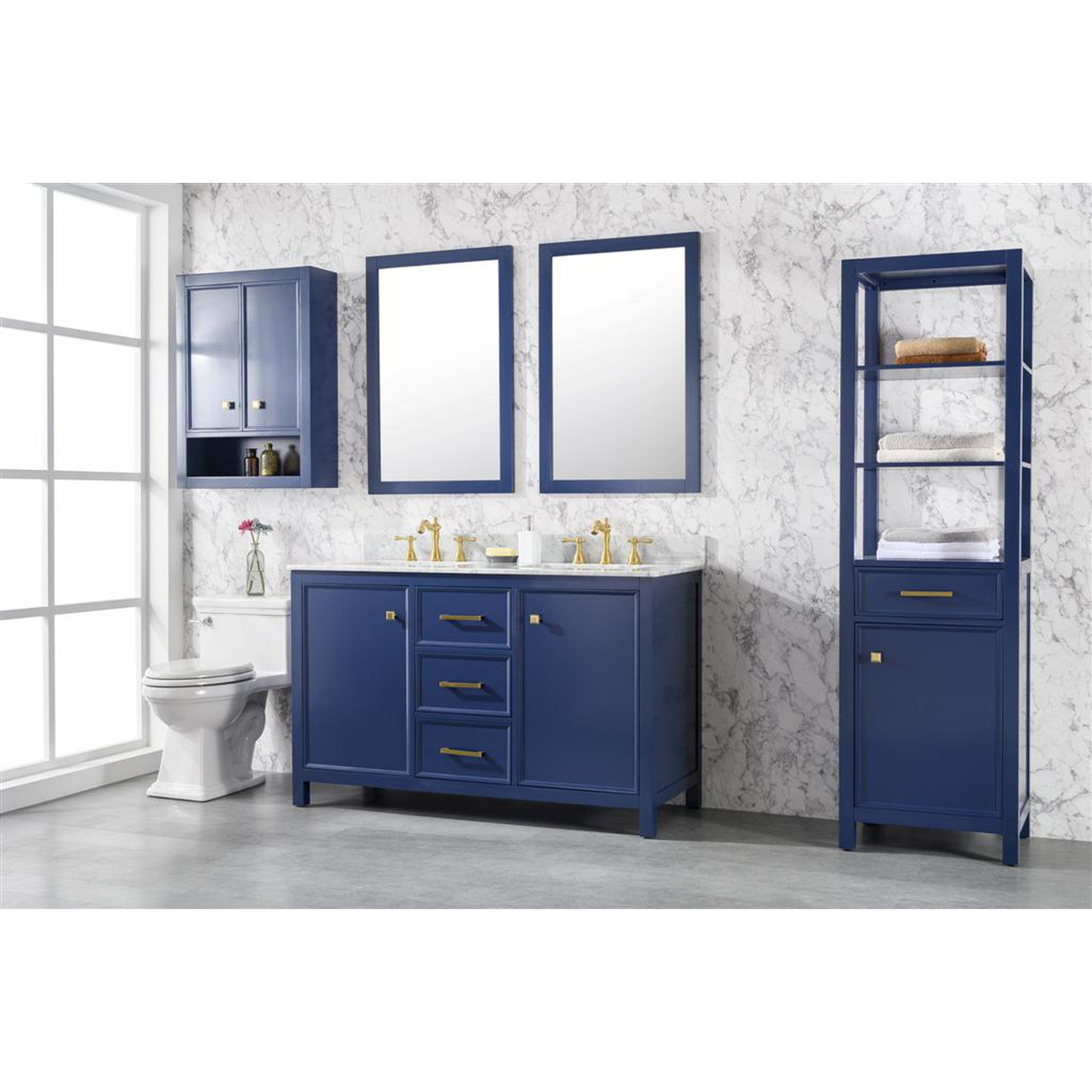 Legion Furniture 54" Blue Finish Double Sink Vanity Cabinet With Carrara White Top