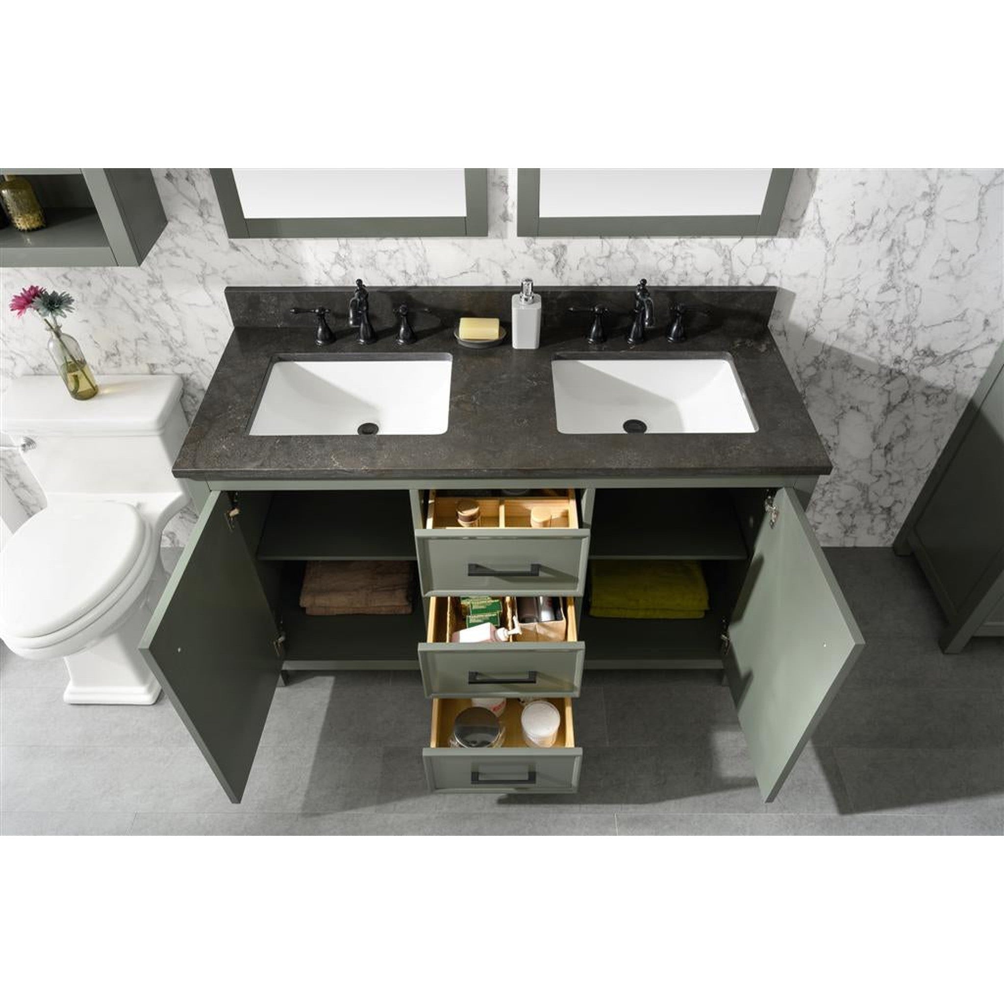 Legion Furniture 54" Pewter Green Finish Double Sink Vanity Cabinet With Blue Lime Stone Top