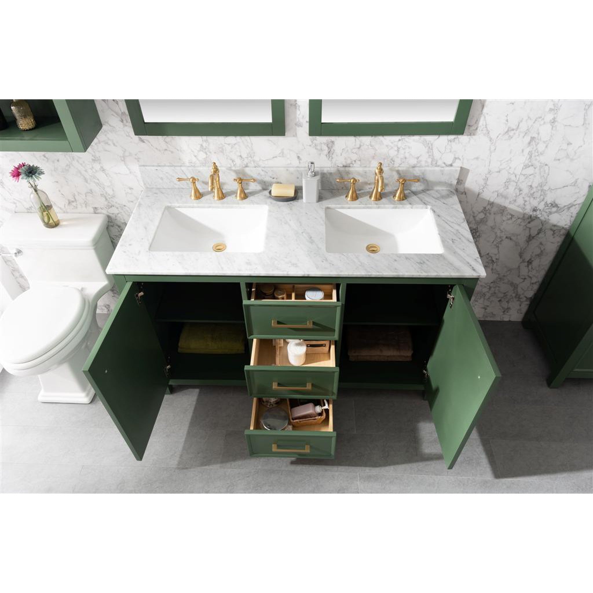 Legion Furniture 54" Vogue Green Finish Double Sink Vanity Cabinet With Carrara White Top