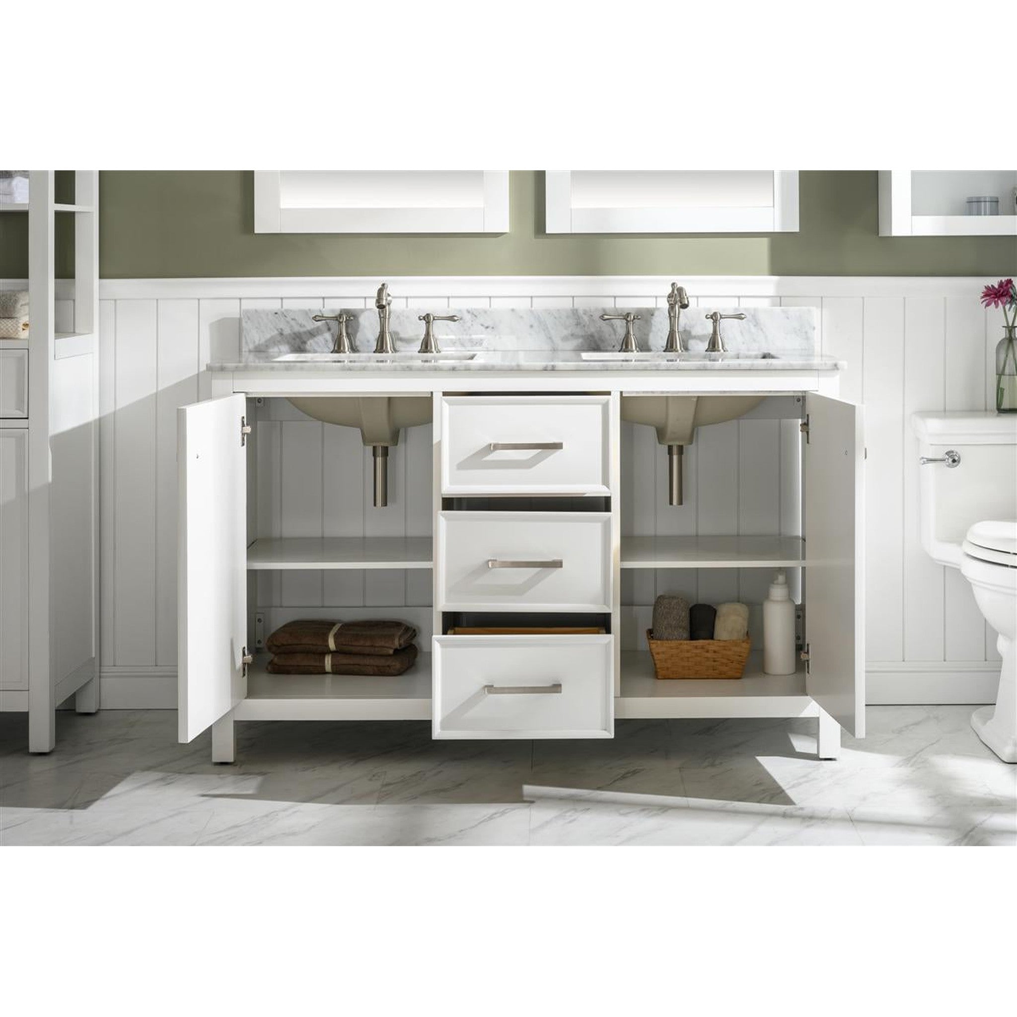 Legion Furniture 54" White Finish Double Sink Vanity Cabinet With Carrara White Top