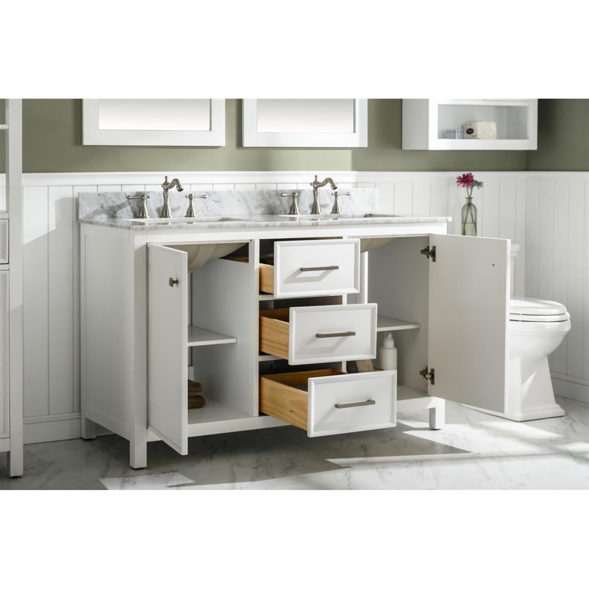 Legion Furniture 54" White Finish Double Sink Vanity Cabinet With Carrara White Top