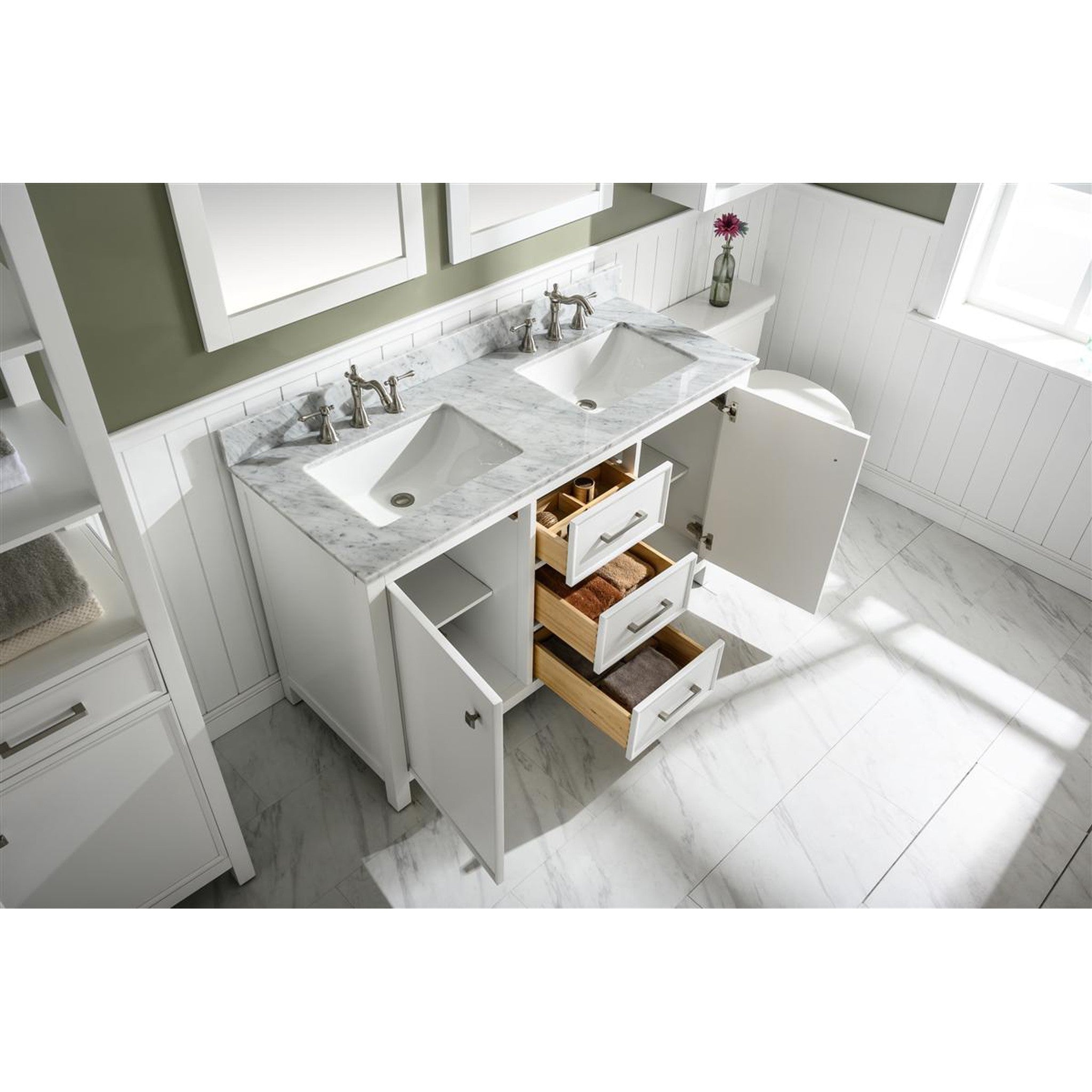 Legion Furniture 54" White Finish Double Sink Vanity Cabinet With Carrara White Top