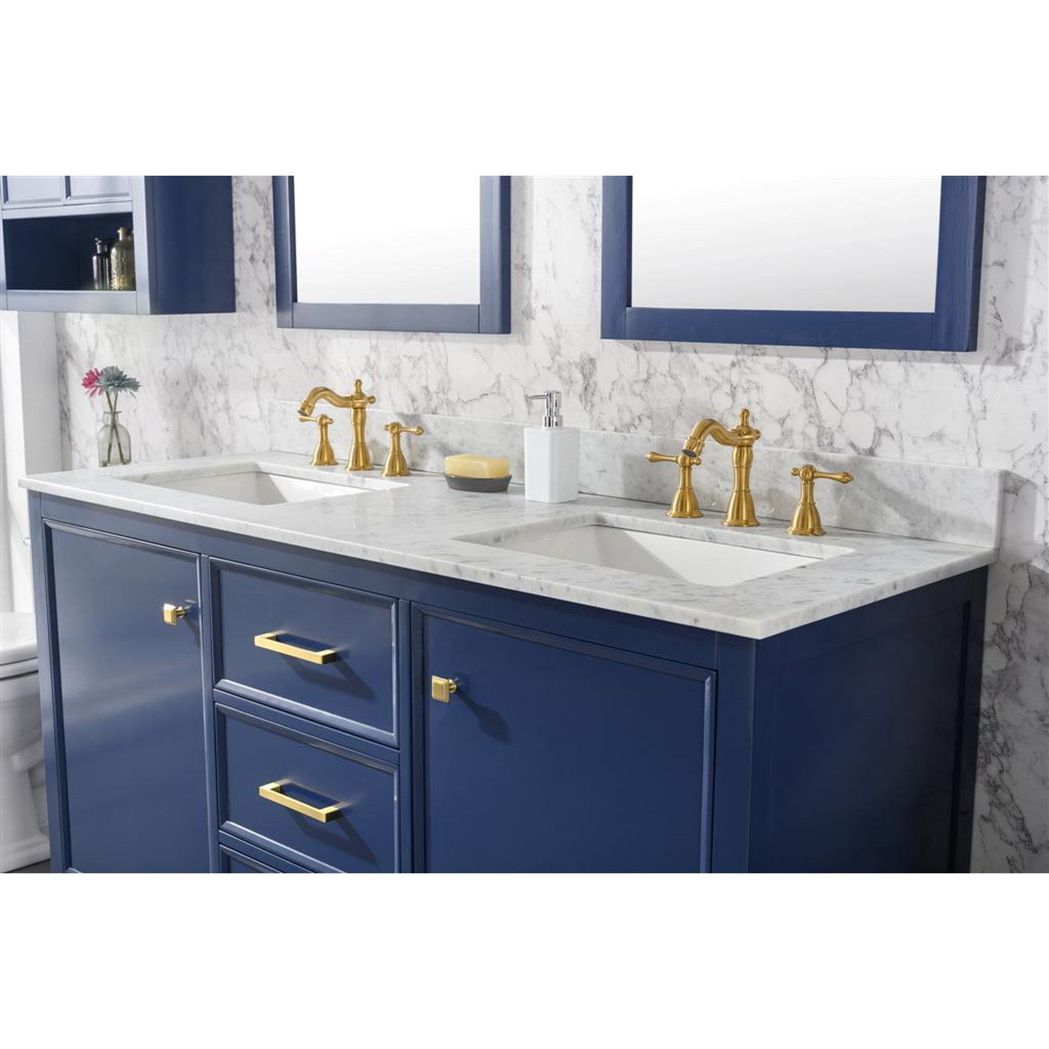 Legion Furniture 60" Blue Finish Double Sink Vanity Cabinet With Carrara White Top