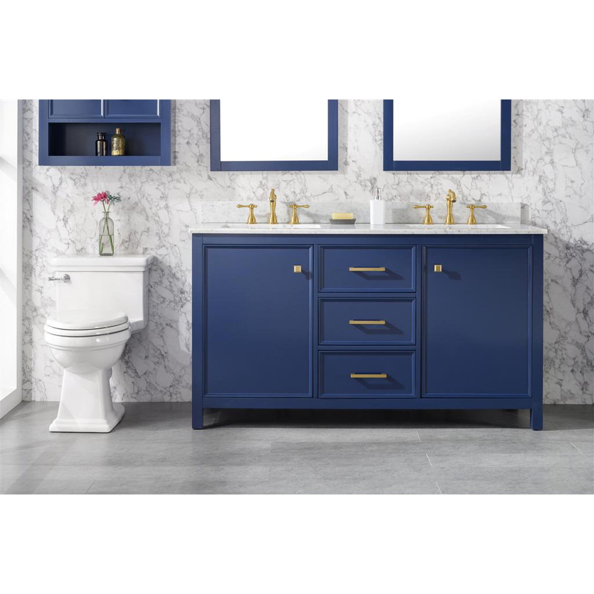 Legion Furniture 60" Blue Finish Double Sink Vanity Cabinet With Carrara White Top