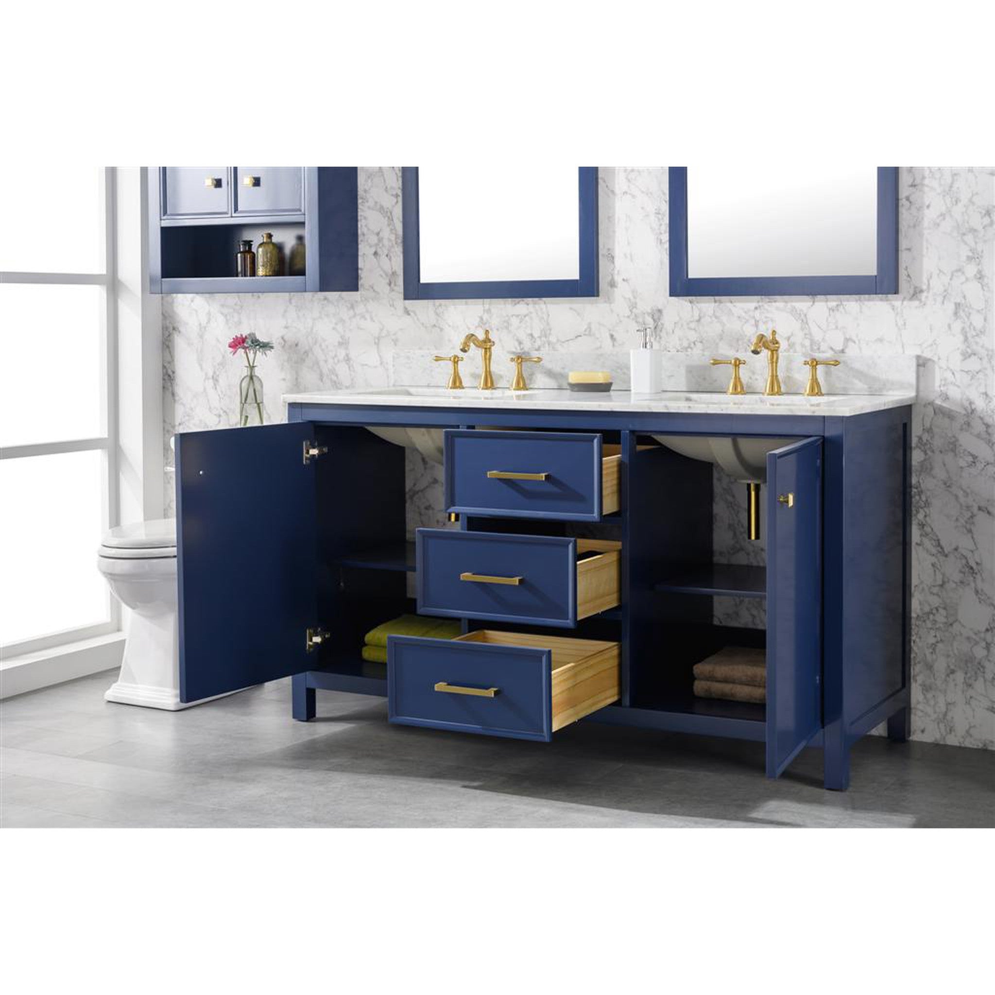 Legion Furniture 60" Blue Finish Double Sink Vanity Cabinet With Carrara White Top