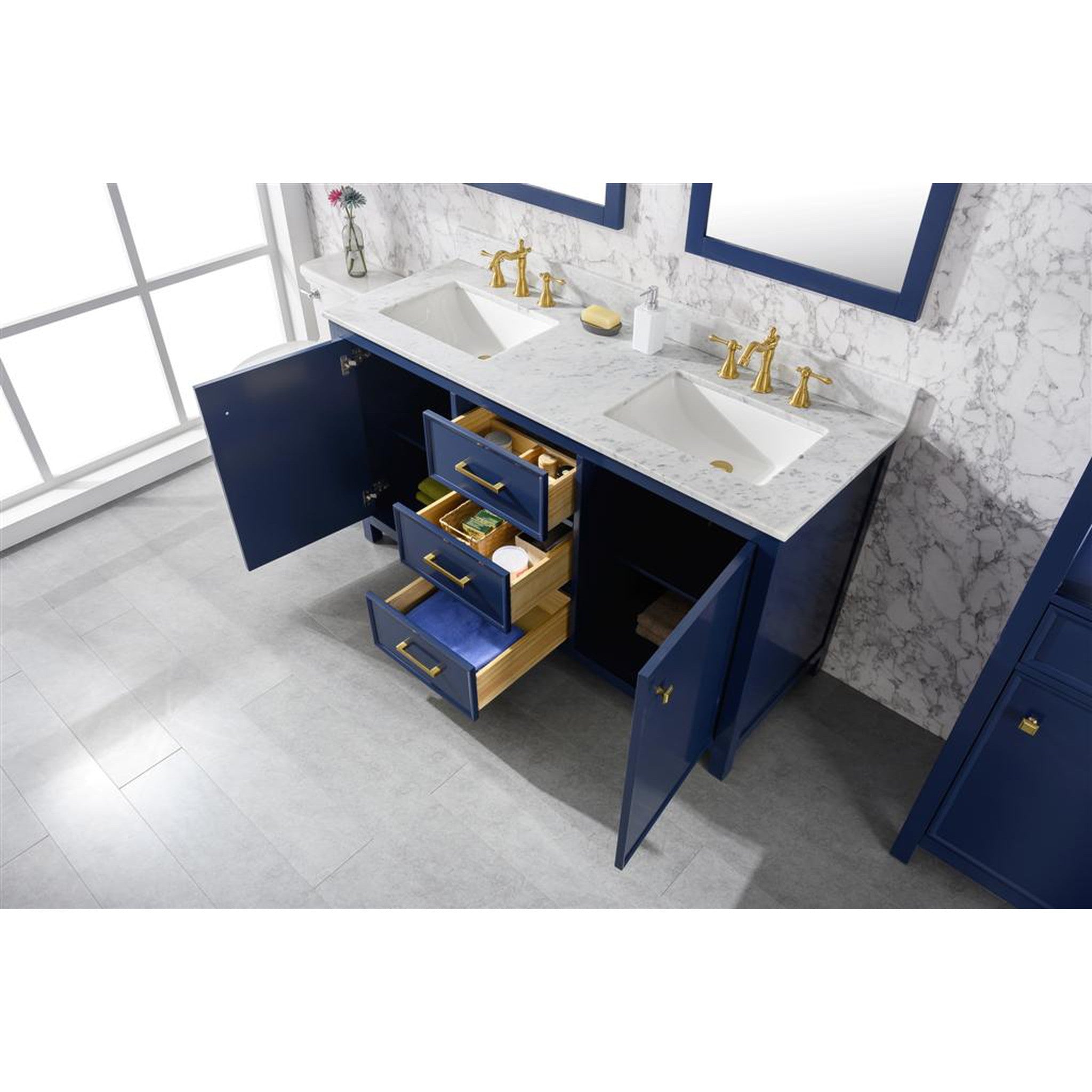 Legion Furniture 60" Blue Finish Double Sink Vanity Cabinet With Carrara White Top