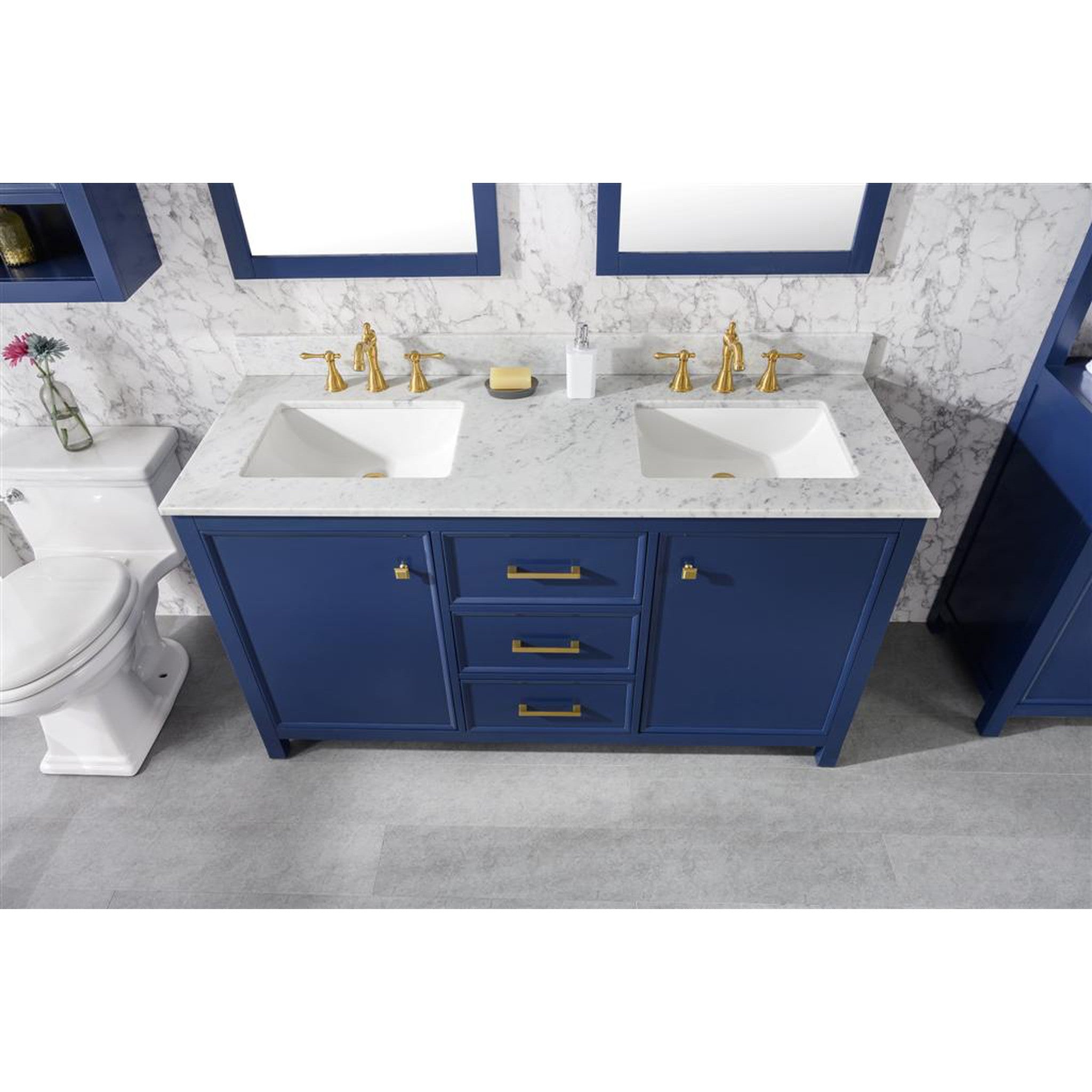 Legion Furniture 60" Blue Finish Double Sink Vanity Cabinet With Carrara White Top