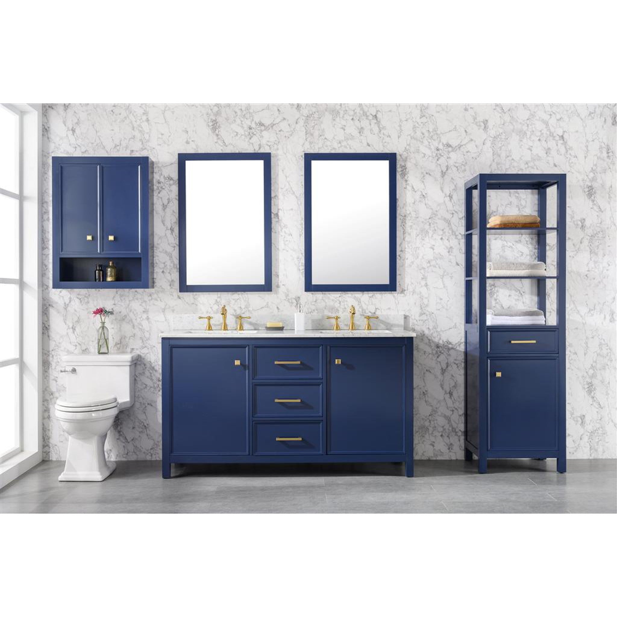 Legion Furniture 60" Blue Finish Double Sink Vanity Cabinet With Carrara White Top