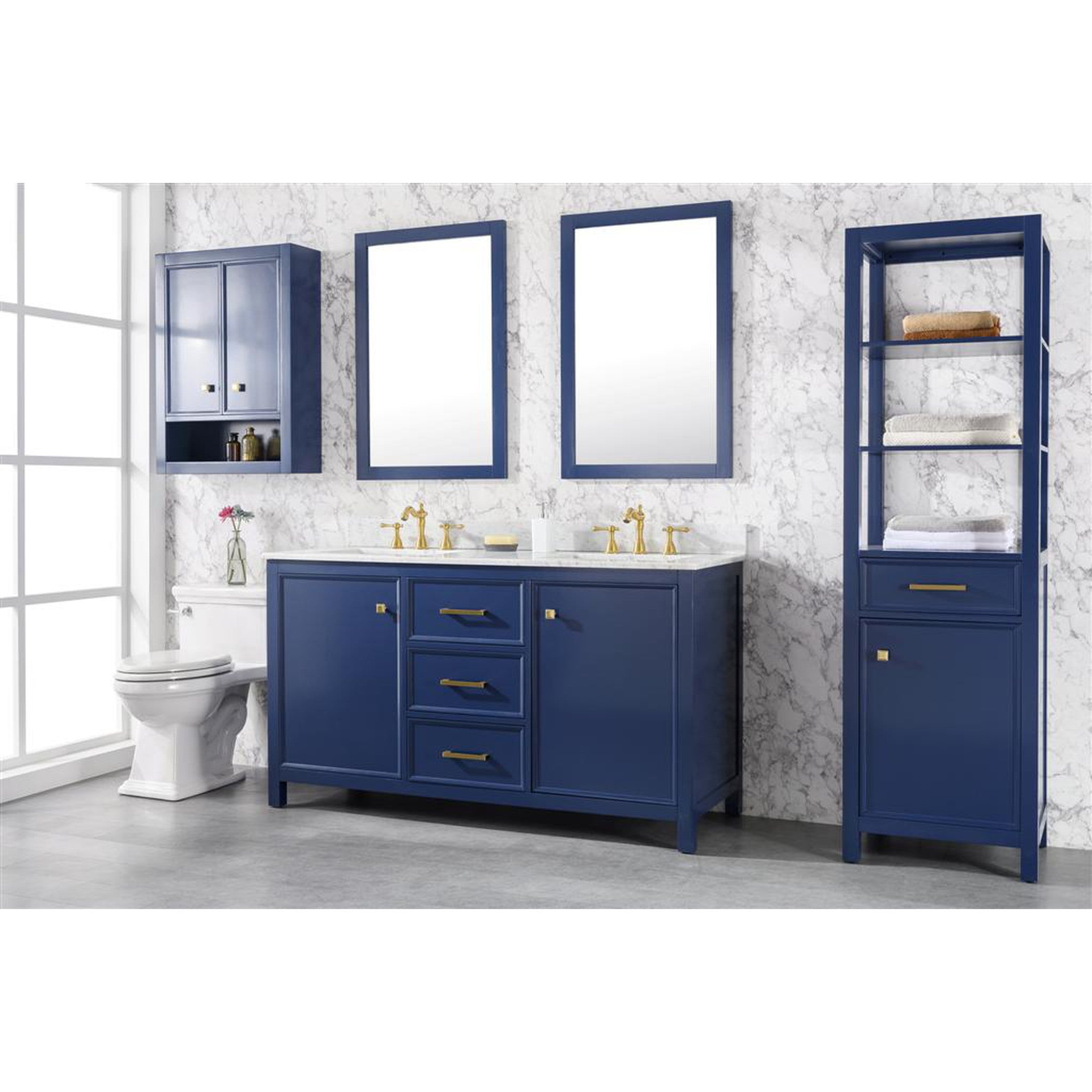 Legion Furniture 60" Blue Finish Double Sink Vanity Cabinet With Carrara White Top