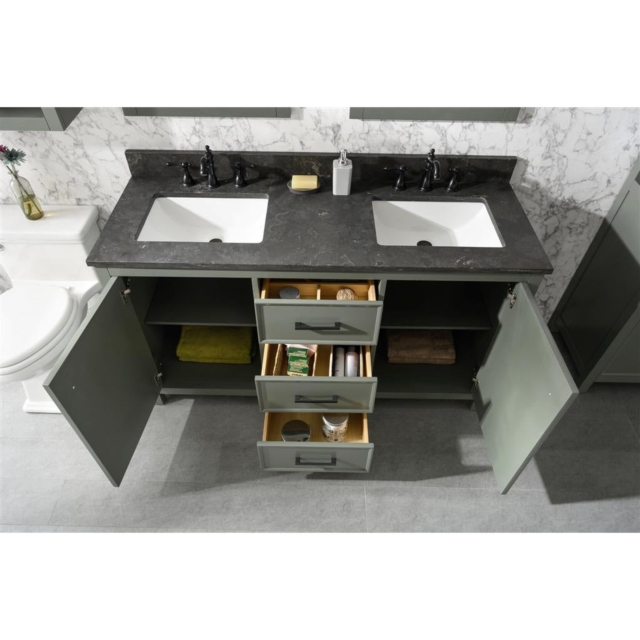 Legion Furniture 60" Pewter Green Finish Double Sink Vanity Cabinet With Blue Lime Stone Top