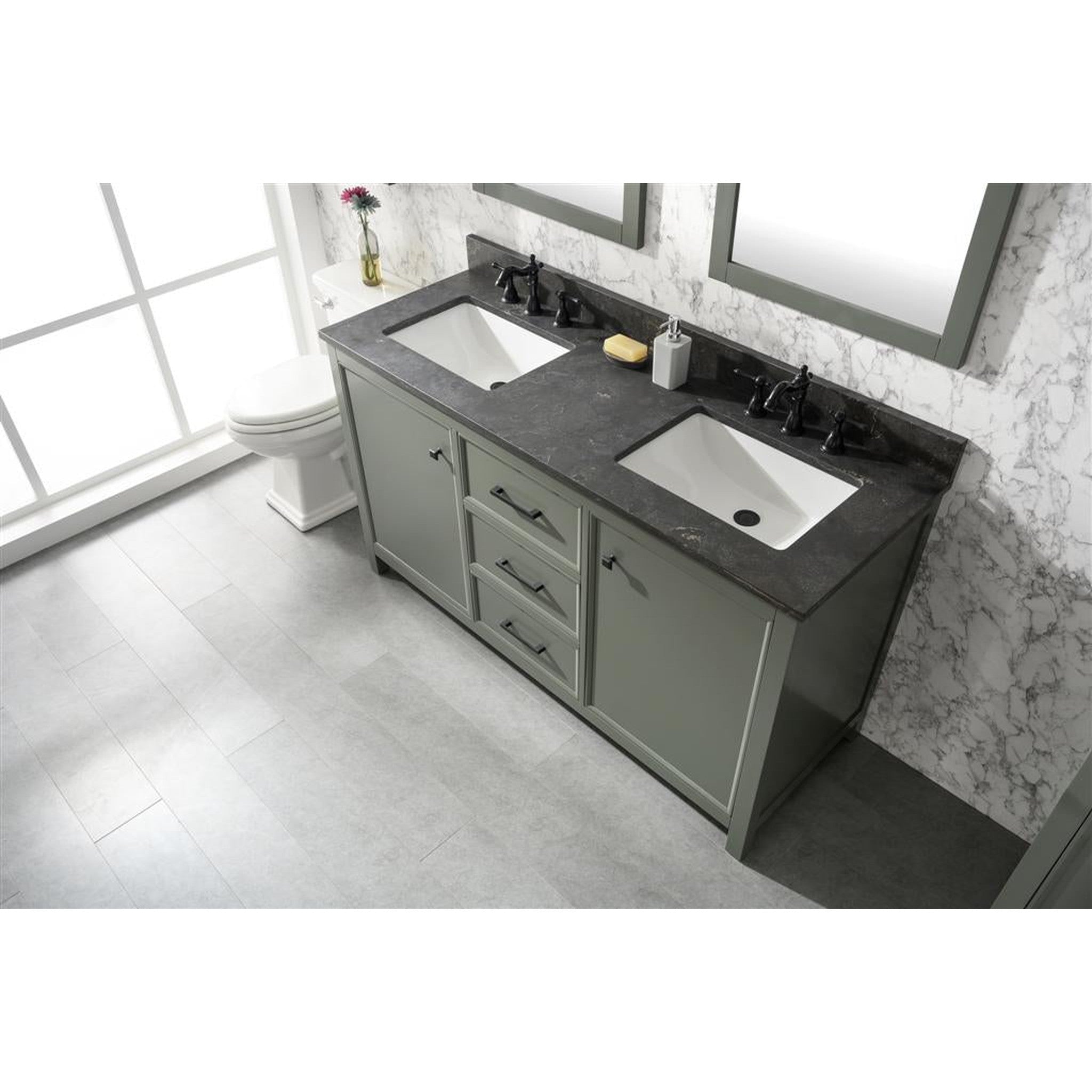 Legion Furniture 60" Pewter Green Finish Double Sink Vanity Cabinet With Blue Lime Stone Top