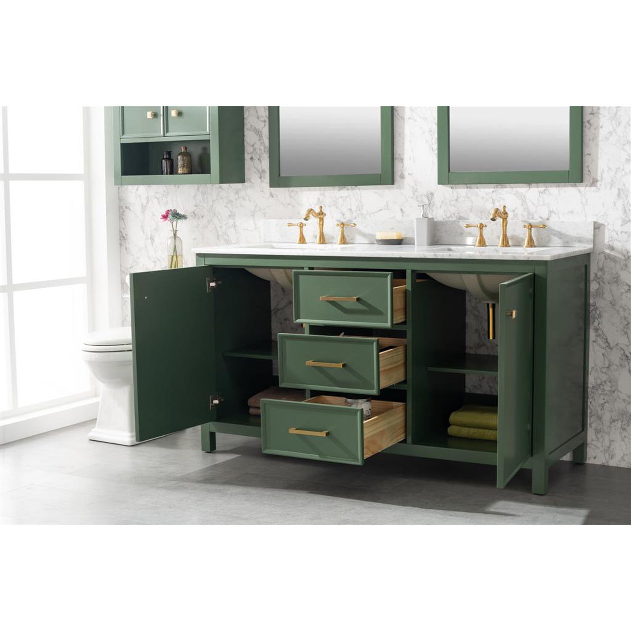 Legion Furniture 60" Vogue Green Finish Double Sink Vanity Cabinet With Carrara White Top