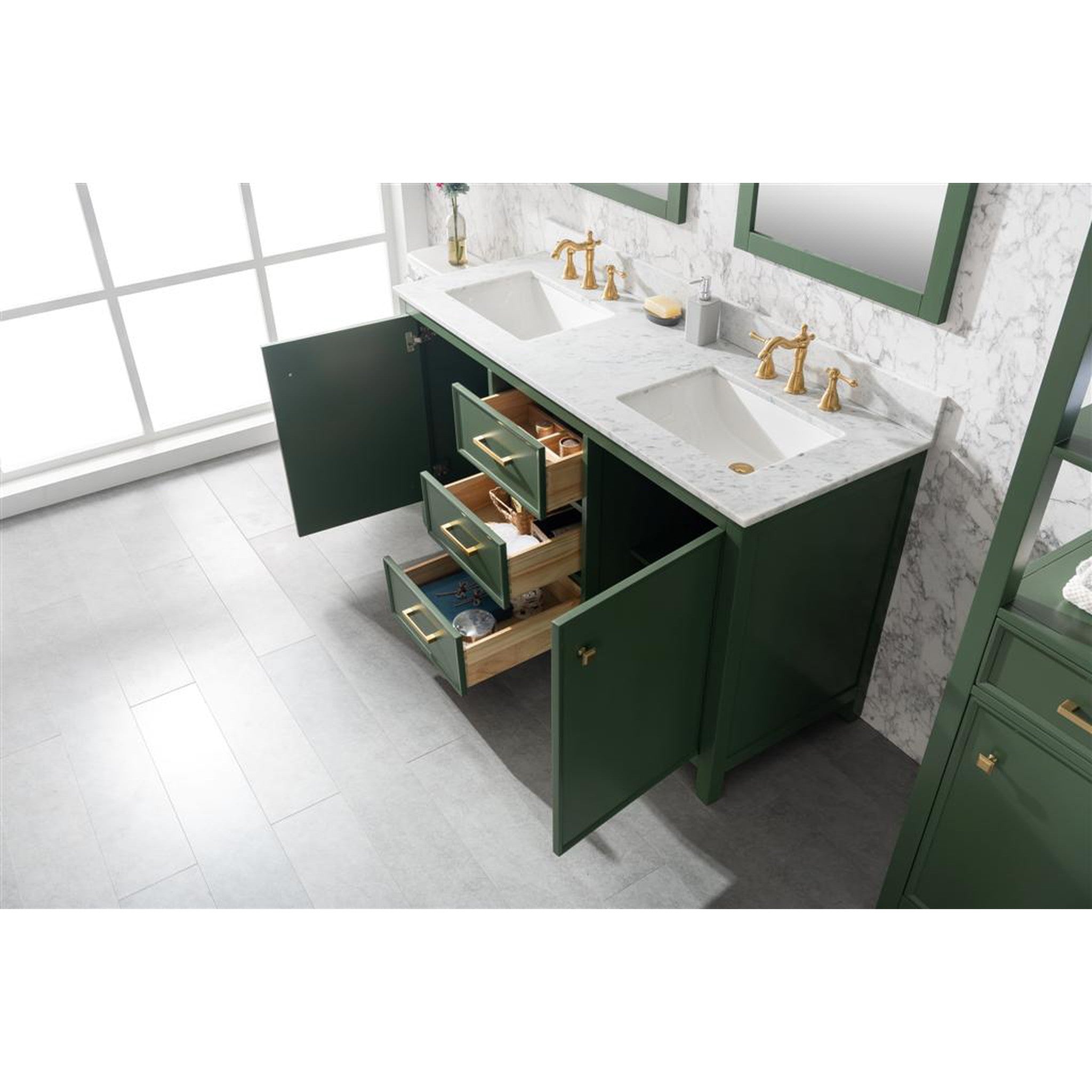 Legion Furniture 60" Vogue Green Finish Double Sink Vanity Cabinet With Carrara White Top