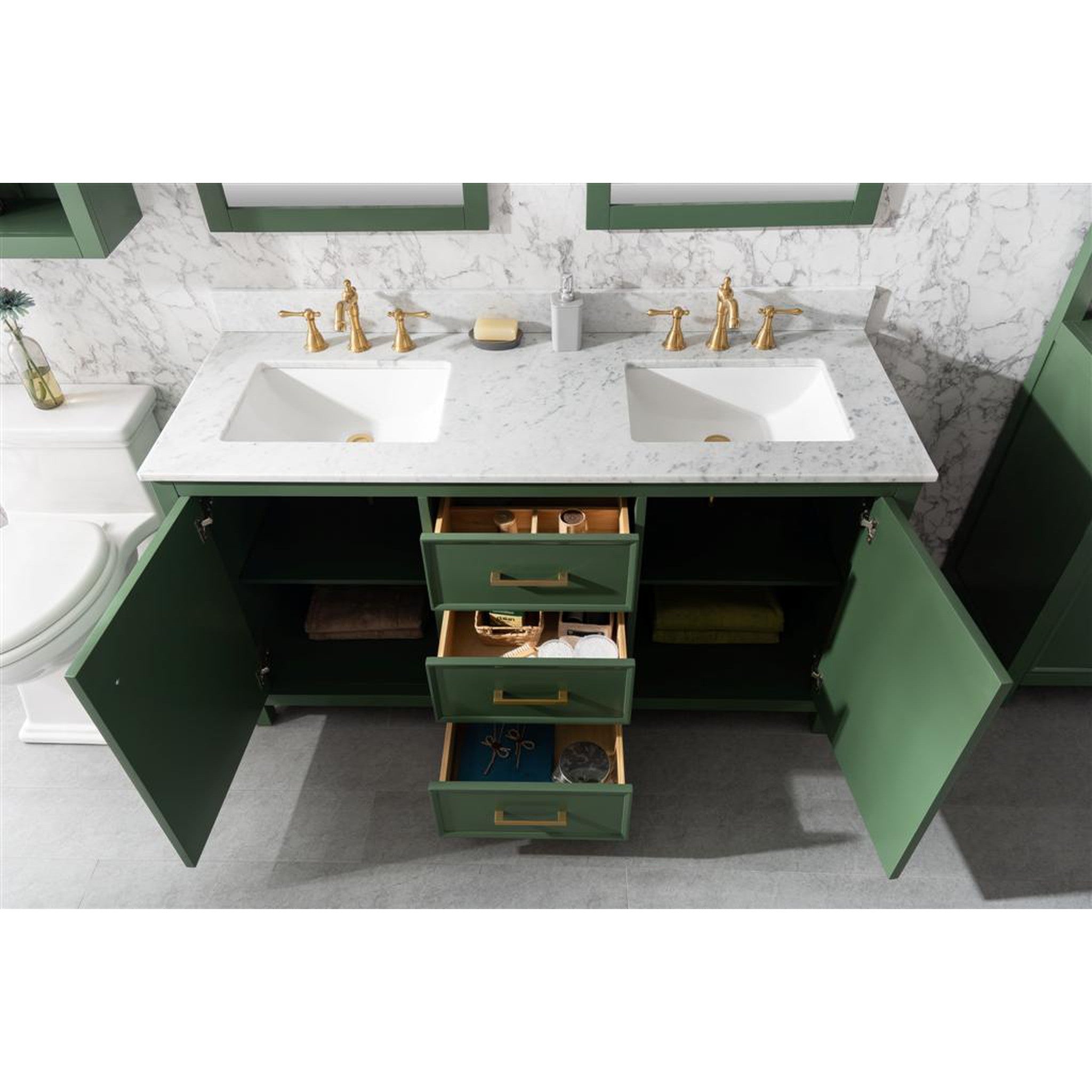 Legion Furniture 60" Vogue Green Finish Double Sink Vanity Cabinet With Carrara White Top