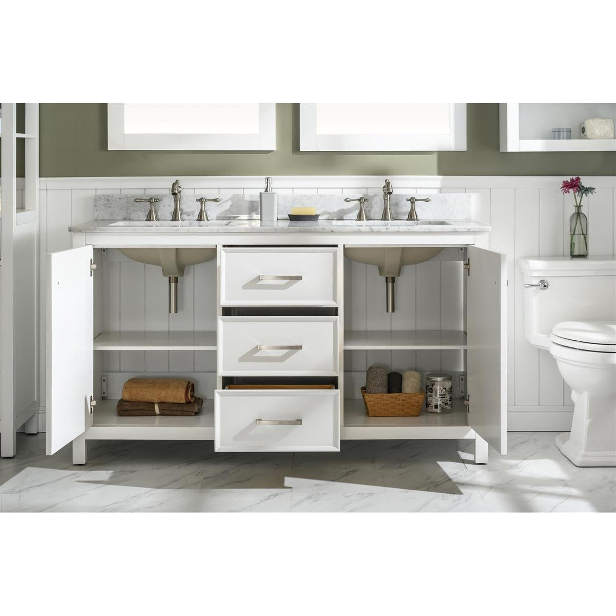 Legion Furniture 60" White Finish Double Sink Vanity Cabinet With Carrara White Top