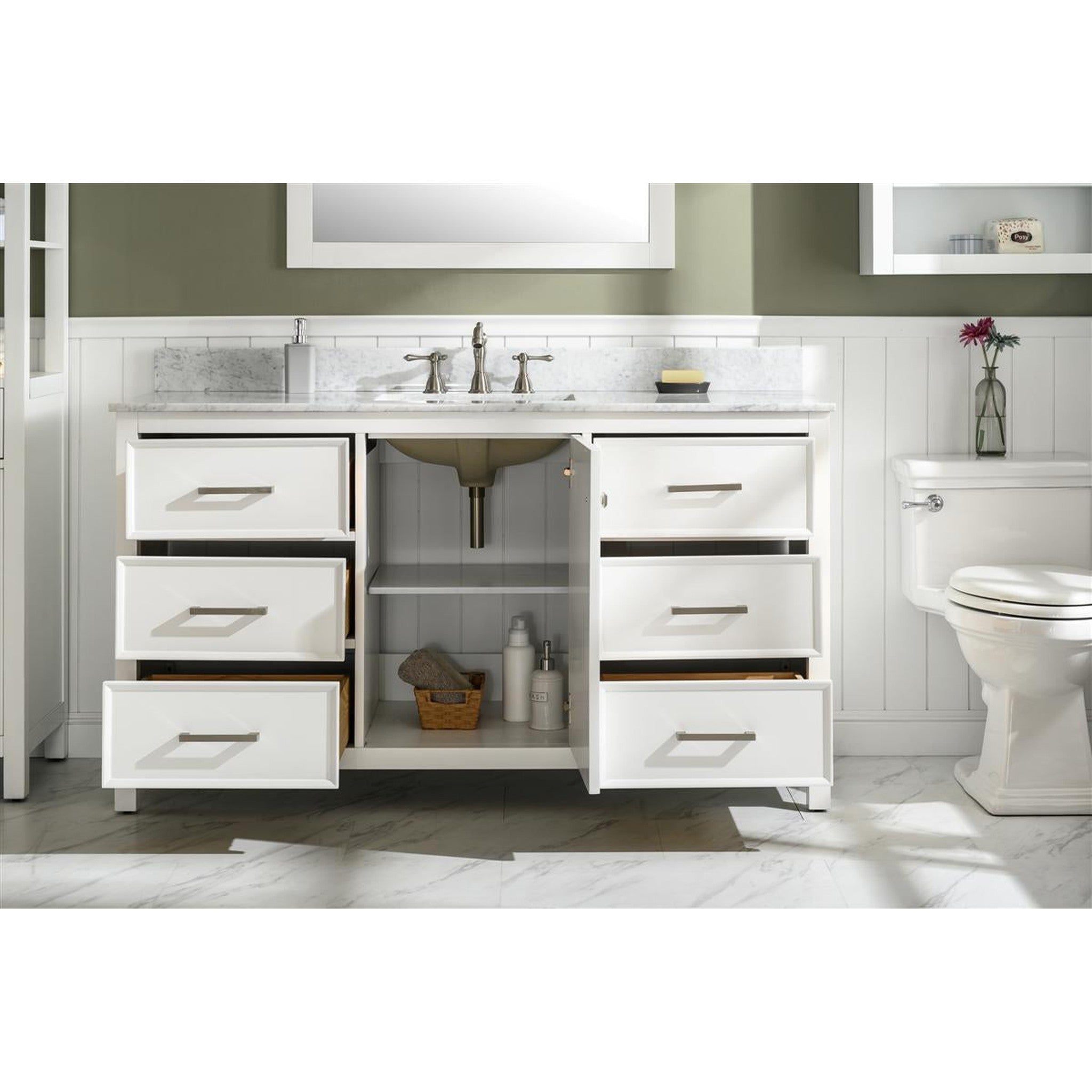 Legion Furniture 60" White Finish Single Sink Vanity Cabinet With Carrara White Top