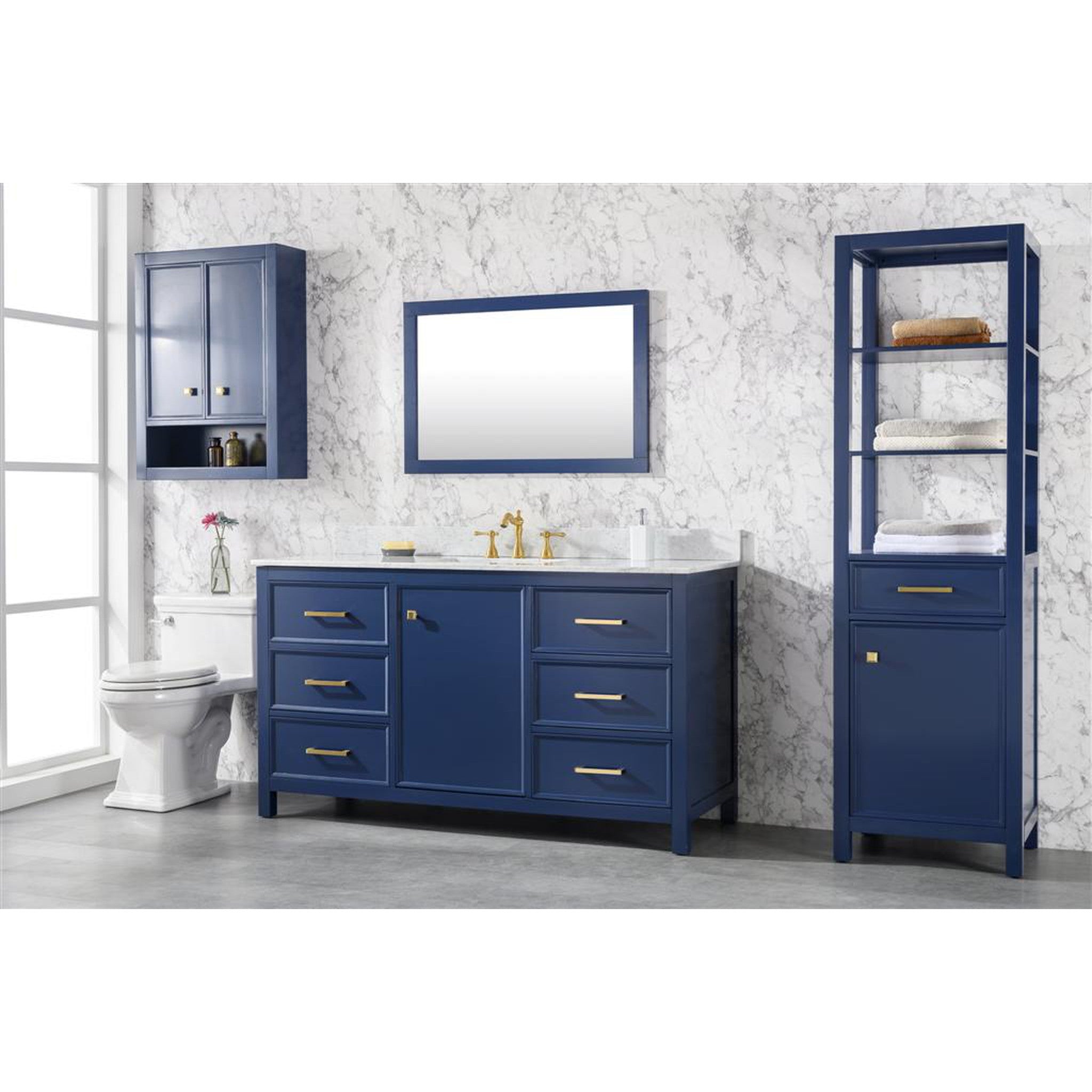 Legion Furniture 60" Blue Finish Single Sink Vanity Cabinet With Carrara White Top