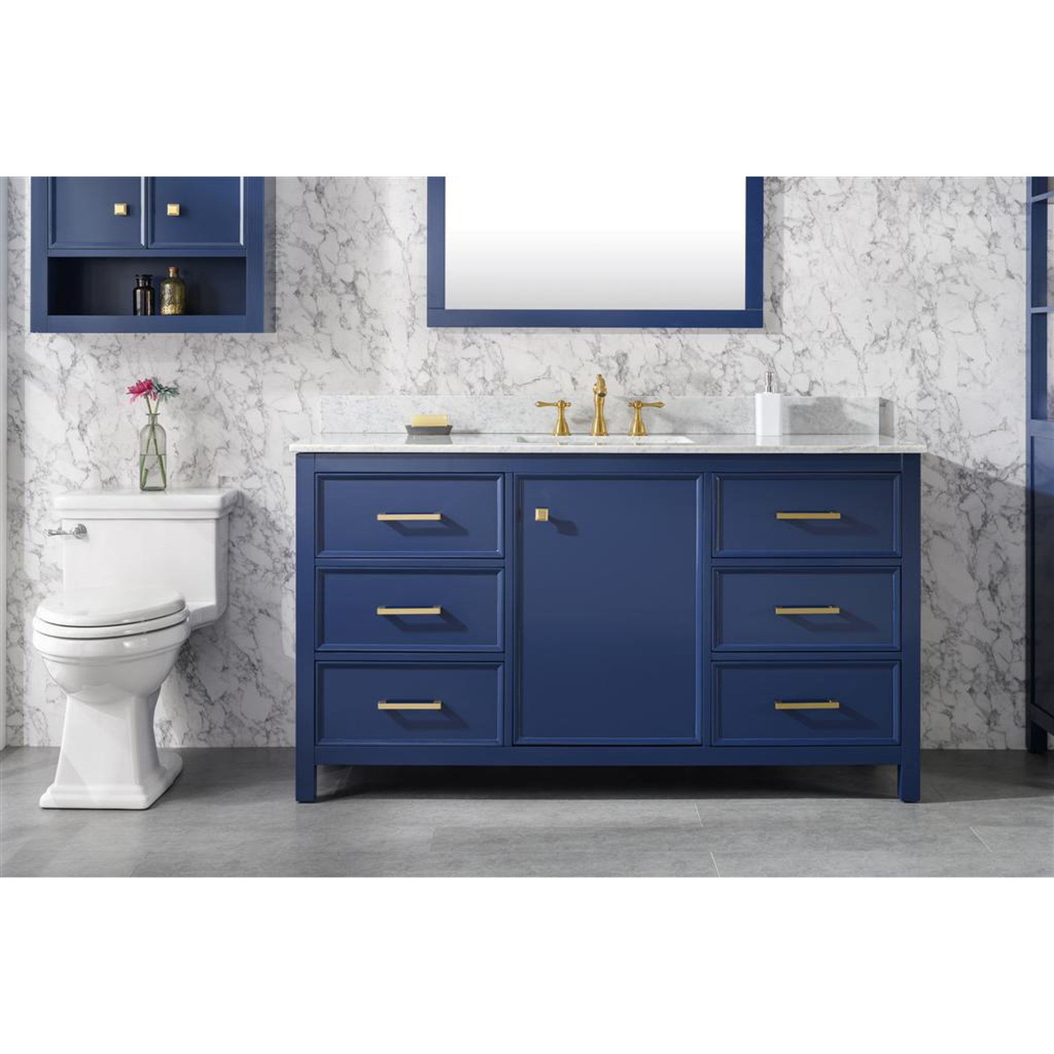 Legion Furniture 60" Blue Finish Single Sink Vanity Cabinet With Carrara White Top