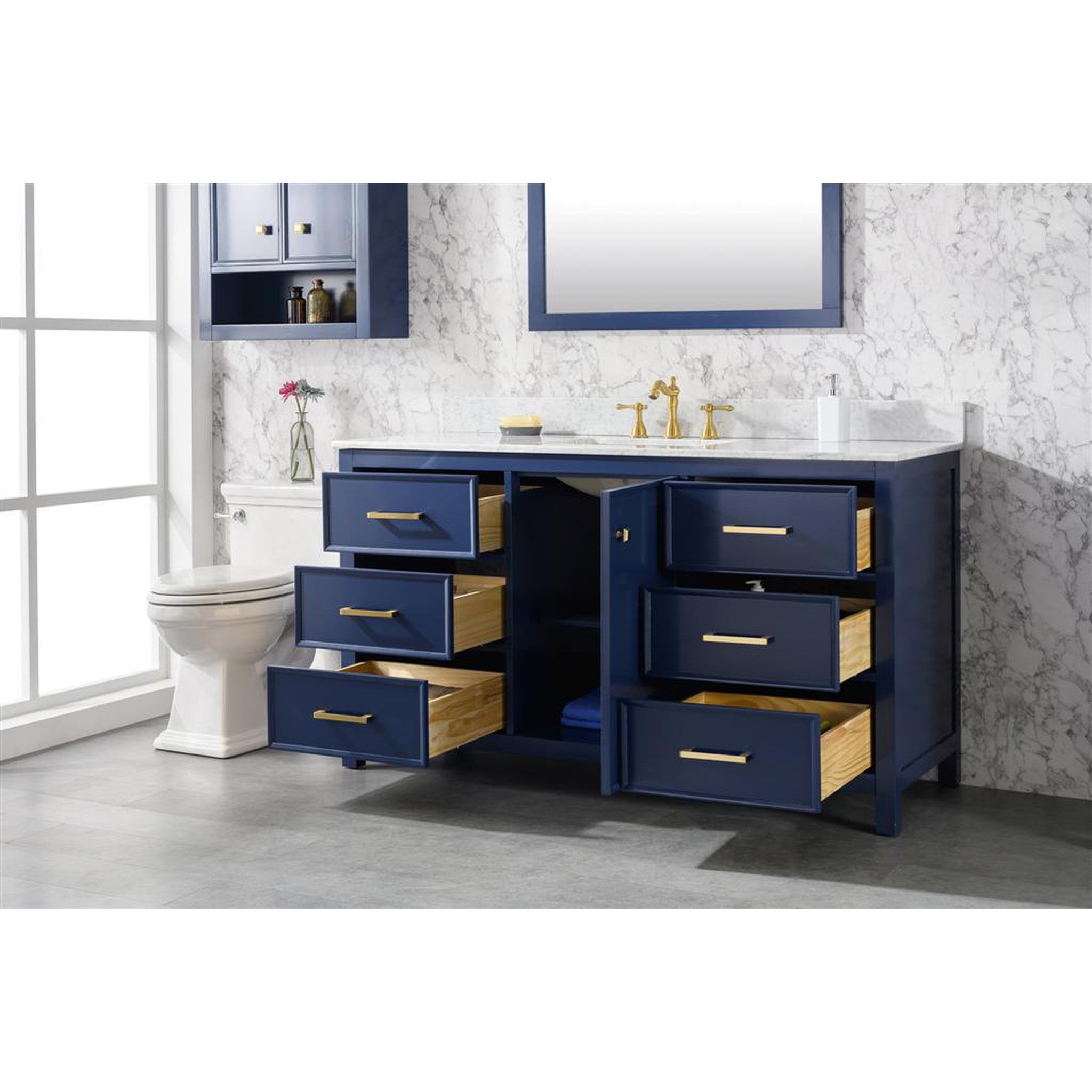 Legion Furniture 60" Blue Finish Single Sink Vanity Cabinet With Carrara White Top