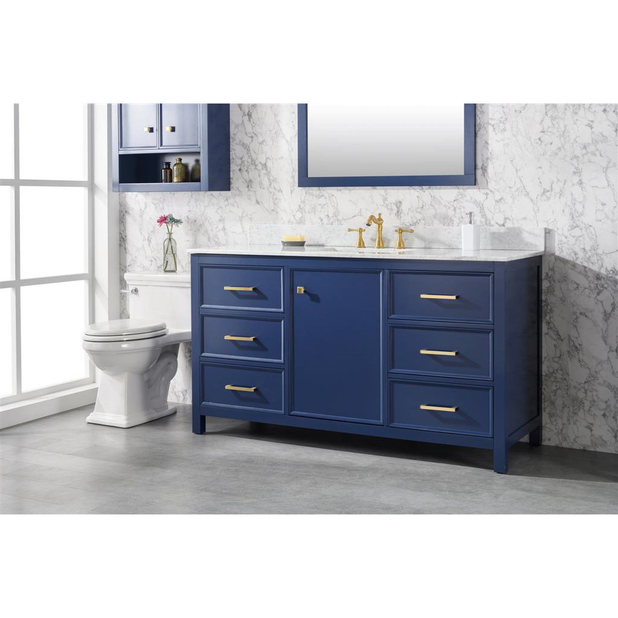 Legion Furniture 60" Blue Finish Single Sink Vanity Cabinet With Carrara White Top