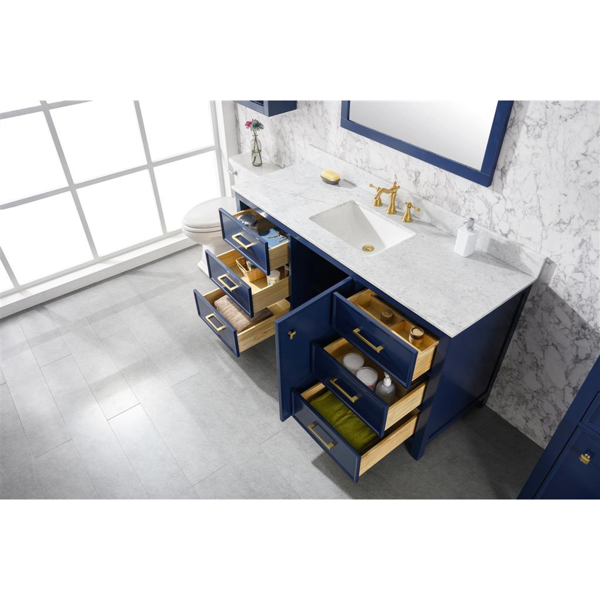 Legion Furniture 60" Blue Finish Single Sink Vanity Cabinet With Carrara White Top