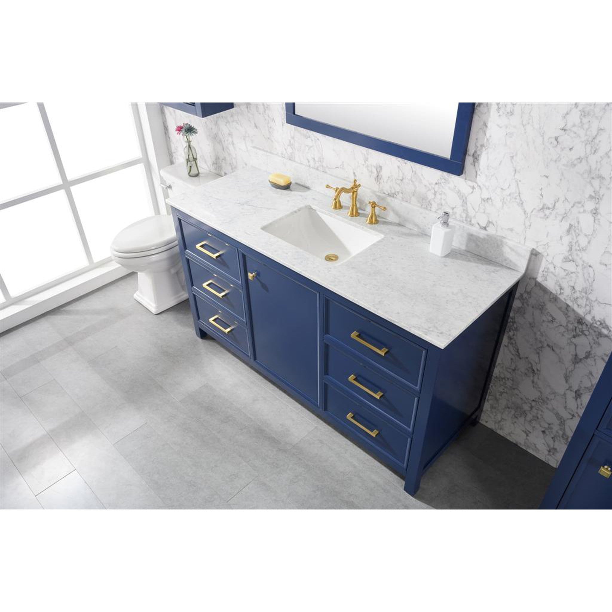 Legion Furniture 60" Blue Finish Single Sink Vanity Cabinet With Carrara White Top