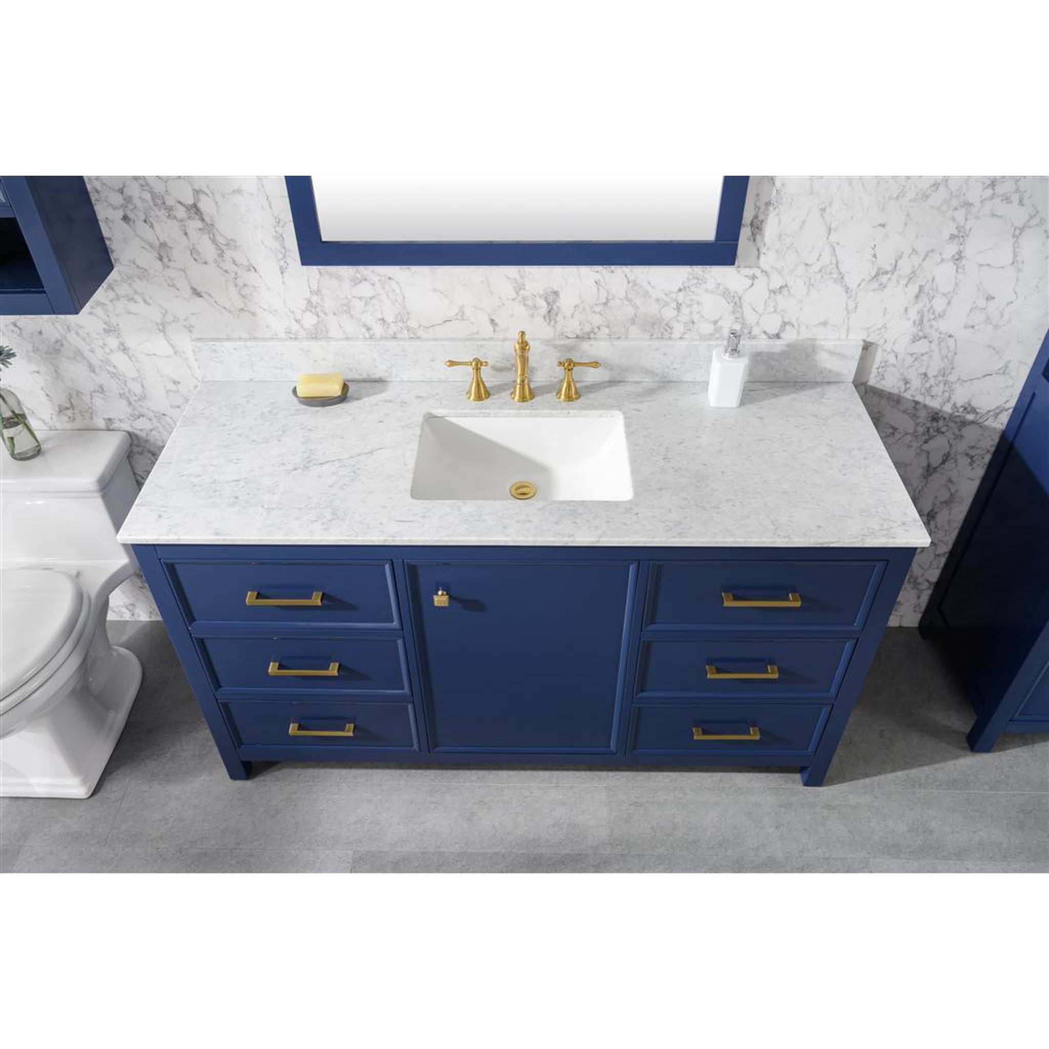 Legion Furniture 60" Blue Finish Single Sink Vanity Cabinet With Carrara White Top