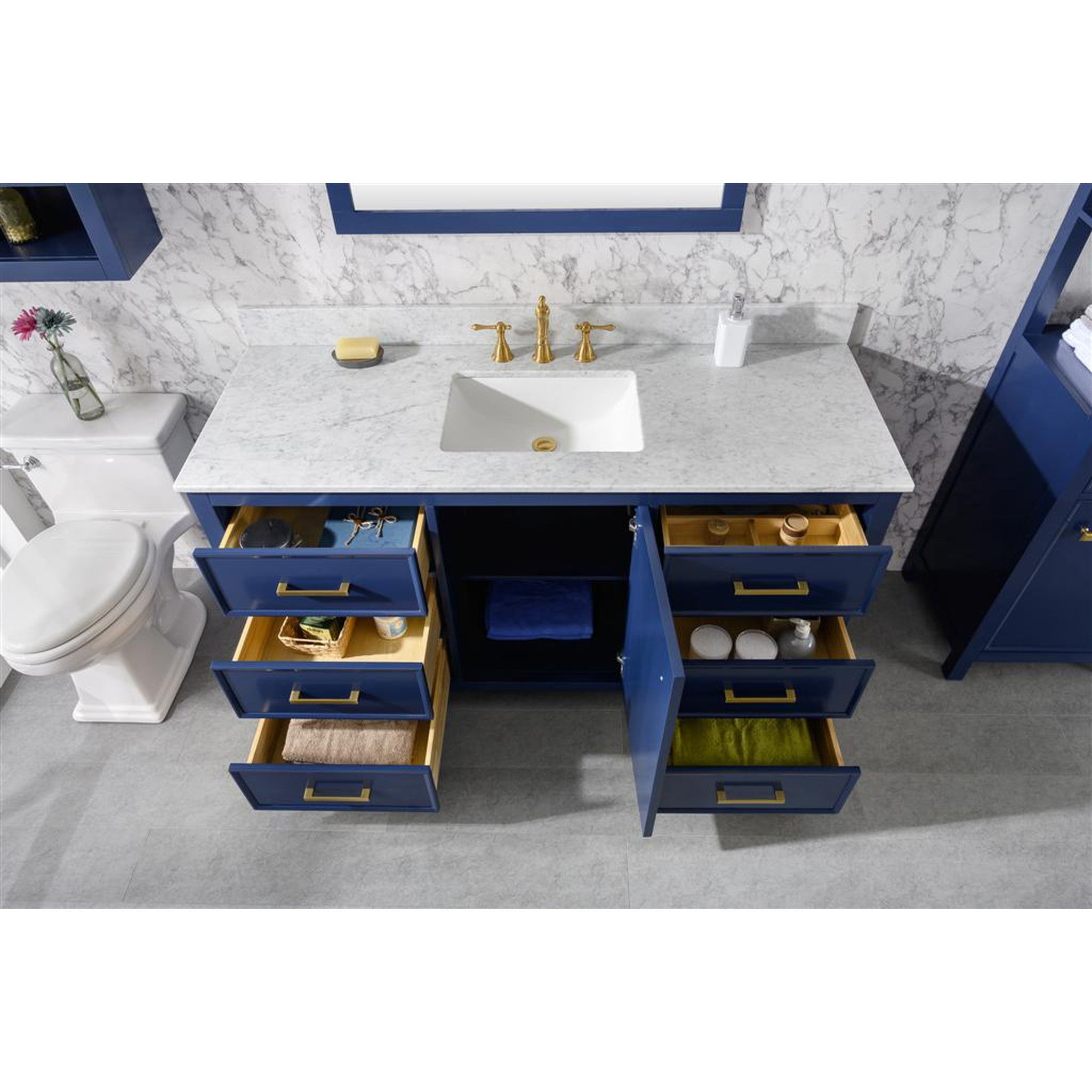 Legion Furniture 60" Blue Finish Single Sink Vanity Cabinet With Carrara White Top