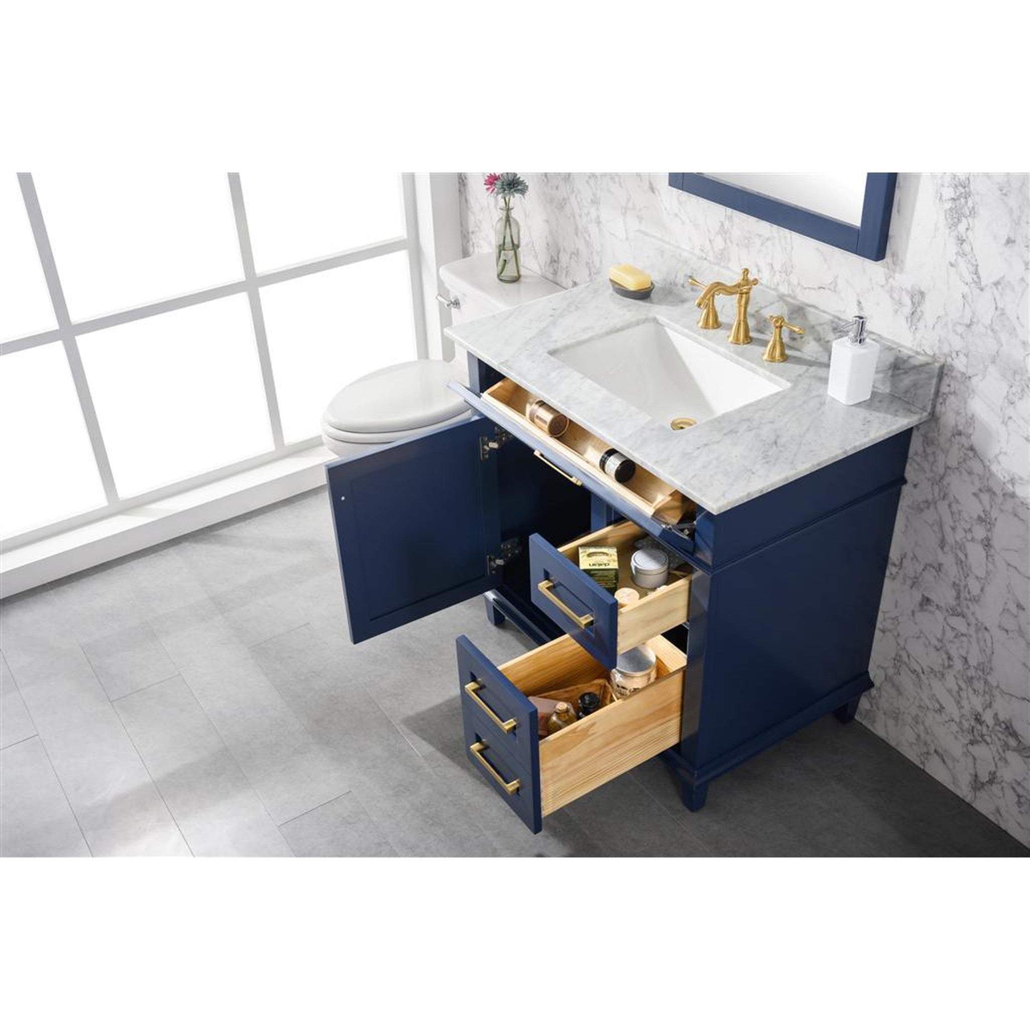 Legion Furniture WLF2236-B 36 Inch Blue Finish Sink Vanity Cabinet with Carrara White Top