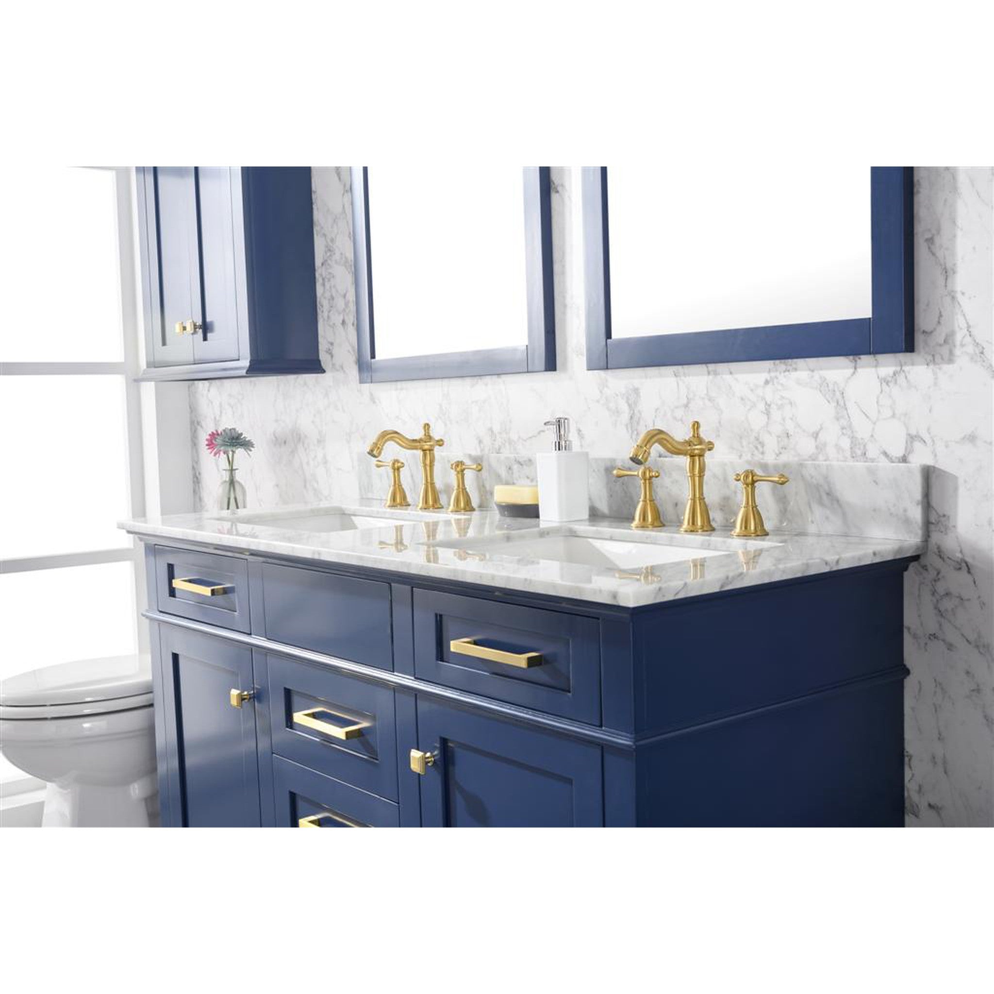 Legion Furniture 54" Blue Finish Double Sink Vanity Cabinet With Carrara White Top