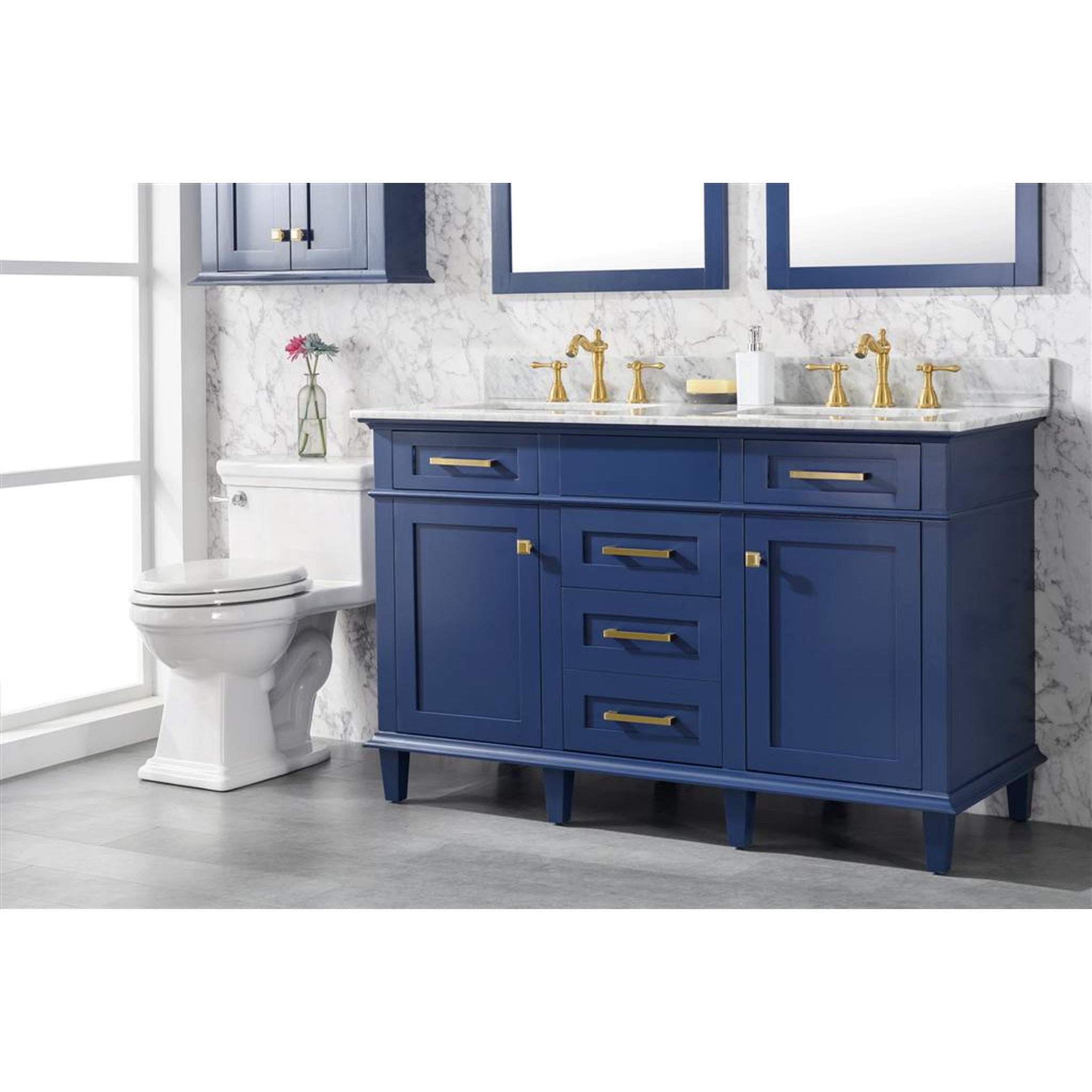 Legion Furniture 54" Blue Finish Double Sink Vanity Cabinet With Carrara White Top